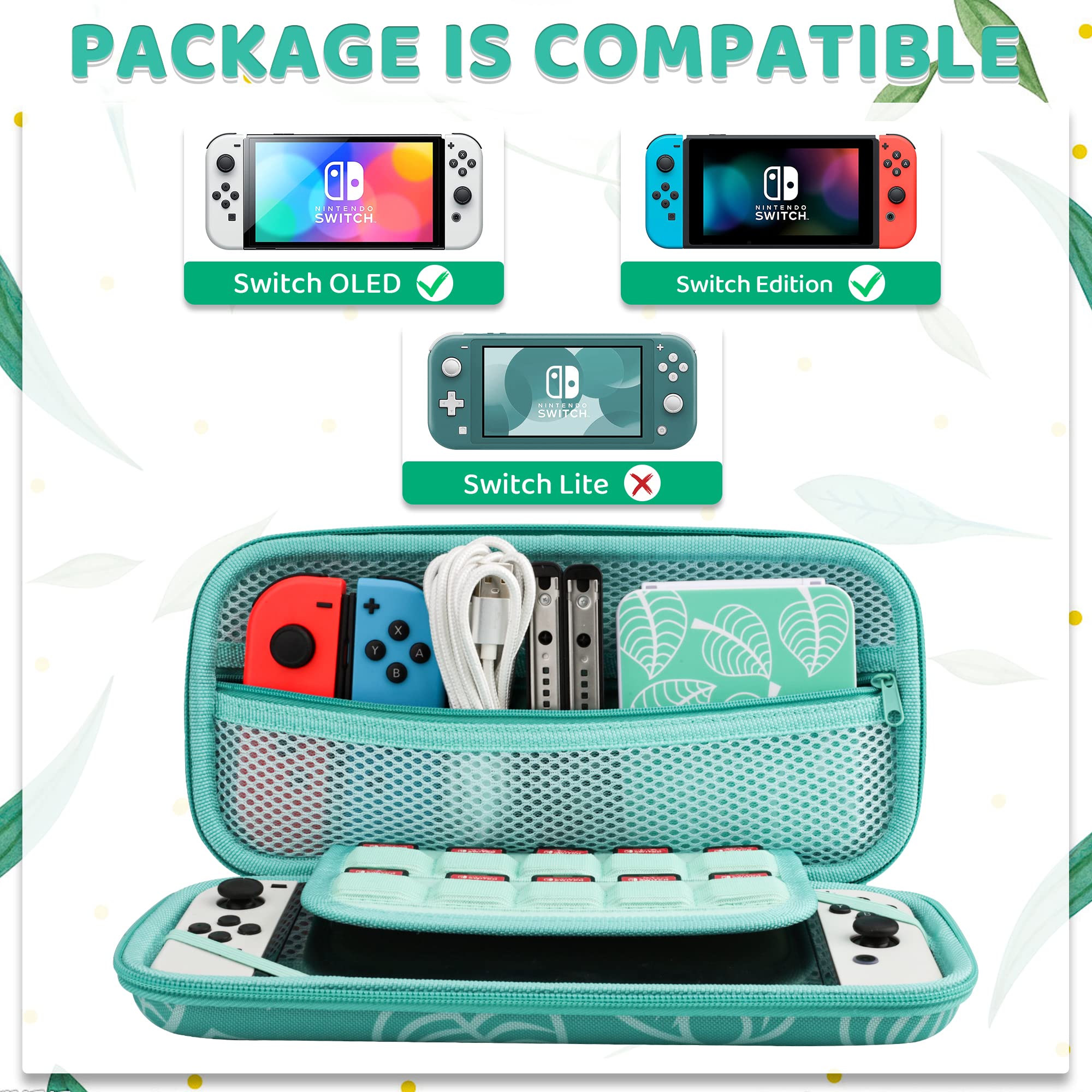 Premium Nintendo Switch & OLED Travel Case Bundle - Durable Protective Carrying Case with Strap, Game Card Holder & Thumb Grips - Perfect for Animal Crossing Fans & On-the-Go Gaming (Green) | Ideal for Travel, Commuting & Home Storage