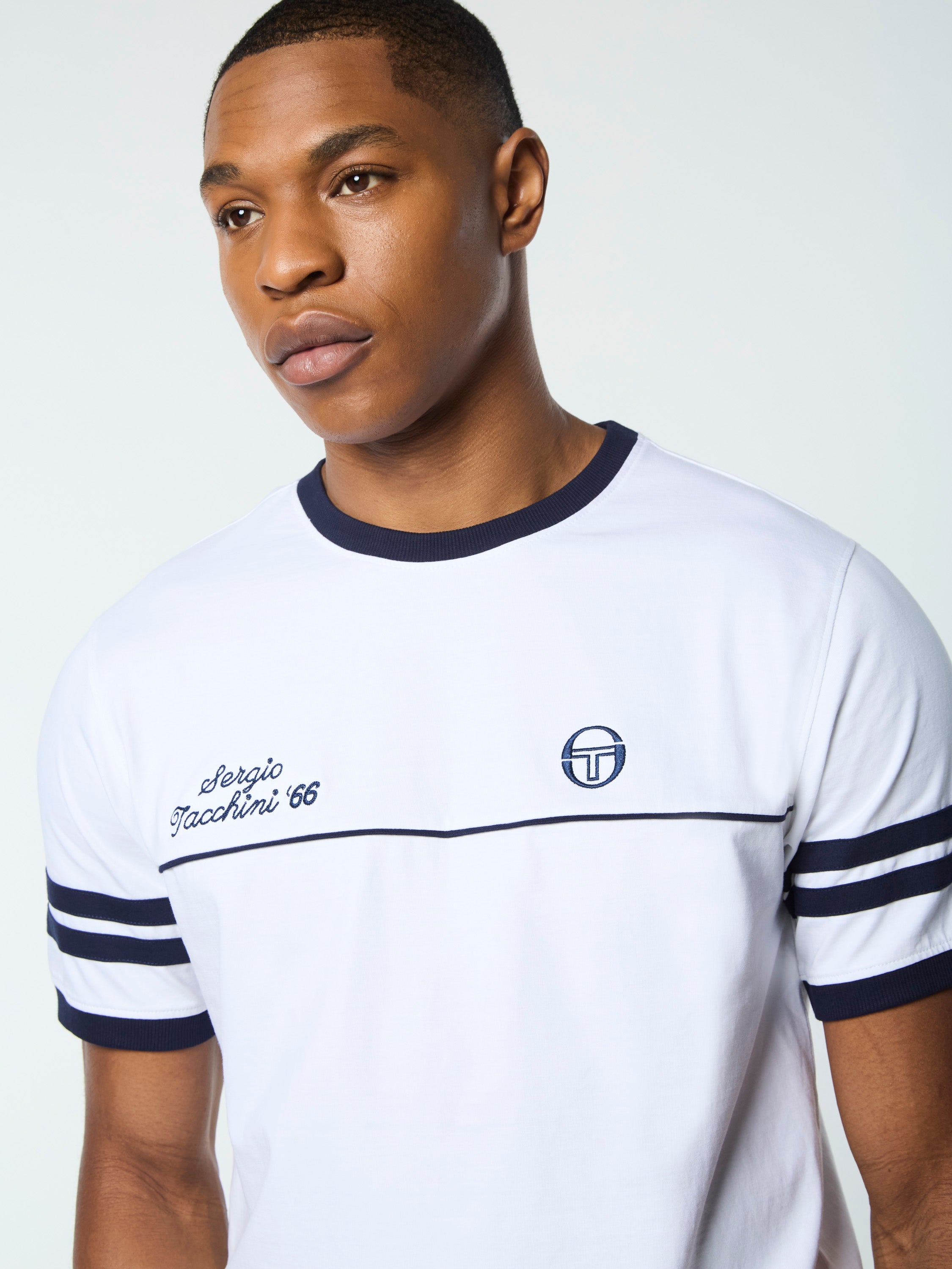 Orion Davis Ringer Tee - White & Maritime Blue Vintage Style T-Shirt for Men | Casual Wear, Street Fashion & Retro Outfits