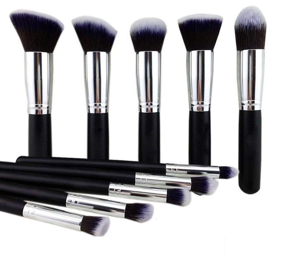 PUKA 10-Piece Makeup Brush Set for Women & Girls - Black with Pink Blender Sponge - Professional Cosmetic Brushes for Foundation, Eyeshadow, Blush - Perfect for Daily Makeup & Travel