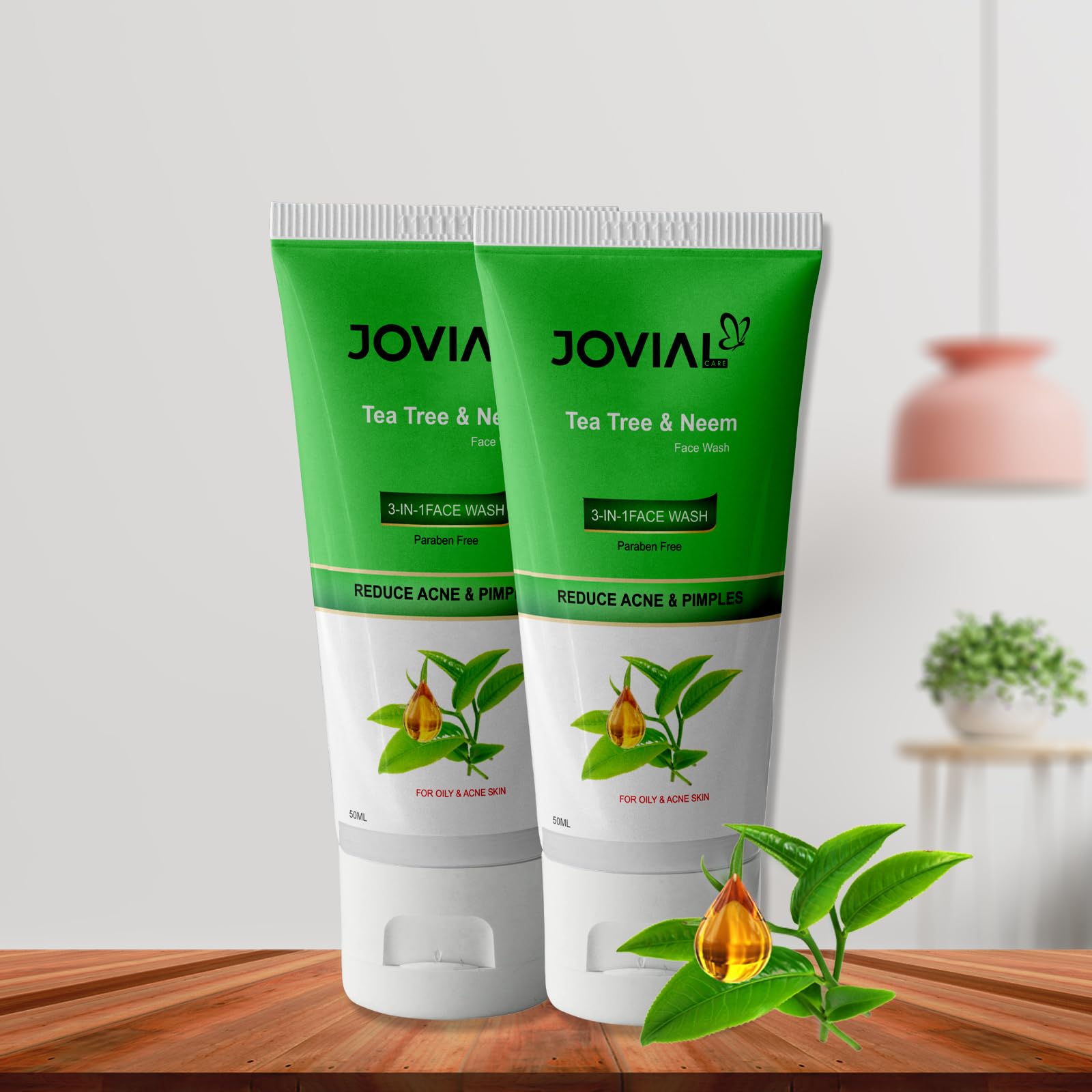 JOVIAL CARE Neem & Tea Tree Face Wash for Acne & Oily Skin - Reduces Pimples & Controls Oil | 100ml (Pack of 2) | Gentle Daily Cleanser for Clear, Healthy Skin - Perfect for Morning & Night Skincare Routine