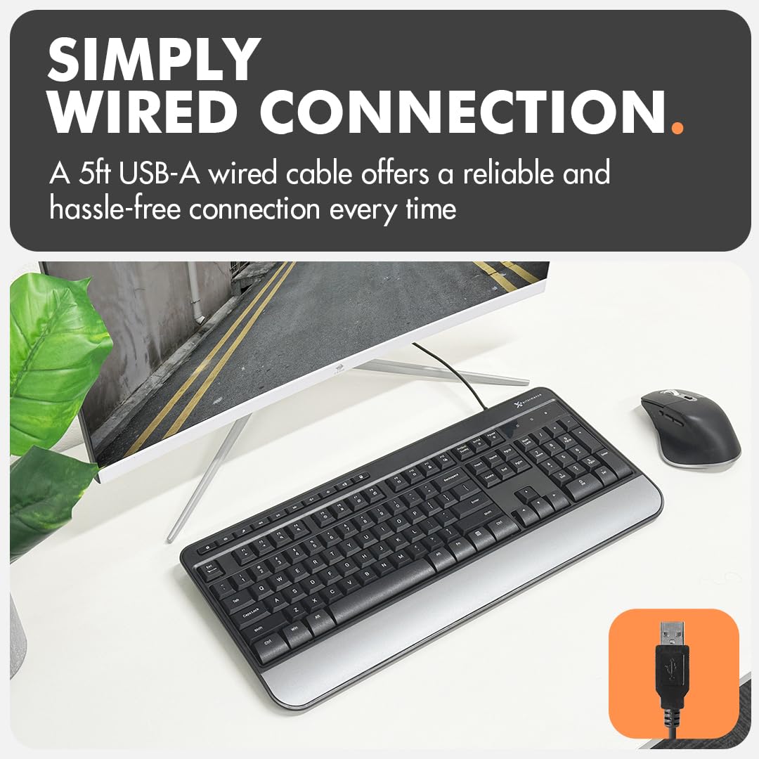 X9 Wired USB Keyboard - Ergonomic Full Size with Wrist Rest for Office & Gaming