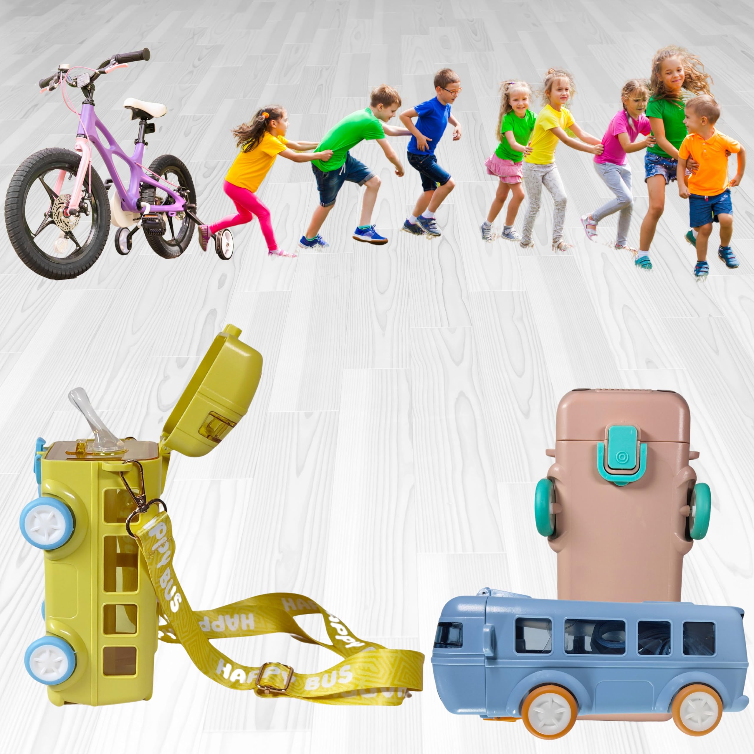 **ZAFCO Cute Bus-Shaped Kids Water Bottle with Strap, Sipper & Straw | Leakproof, BPA-Free, Moving Wheels & Lock Mechanism | Plastic Portable Drinking Bottle for Girls & Boys | School, Travel & Outdoor Activities (Blue)**