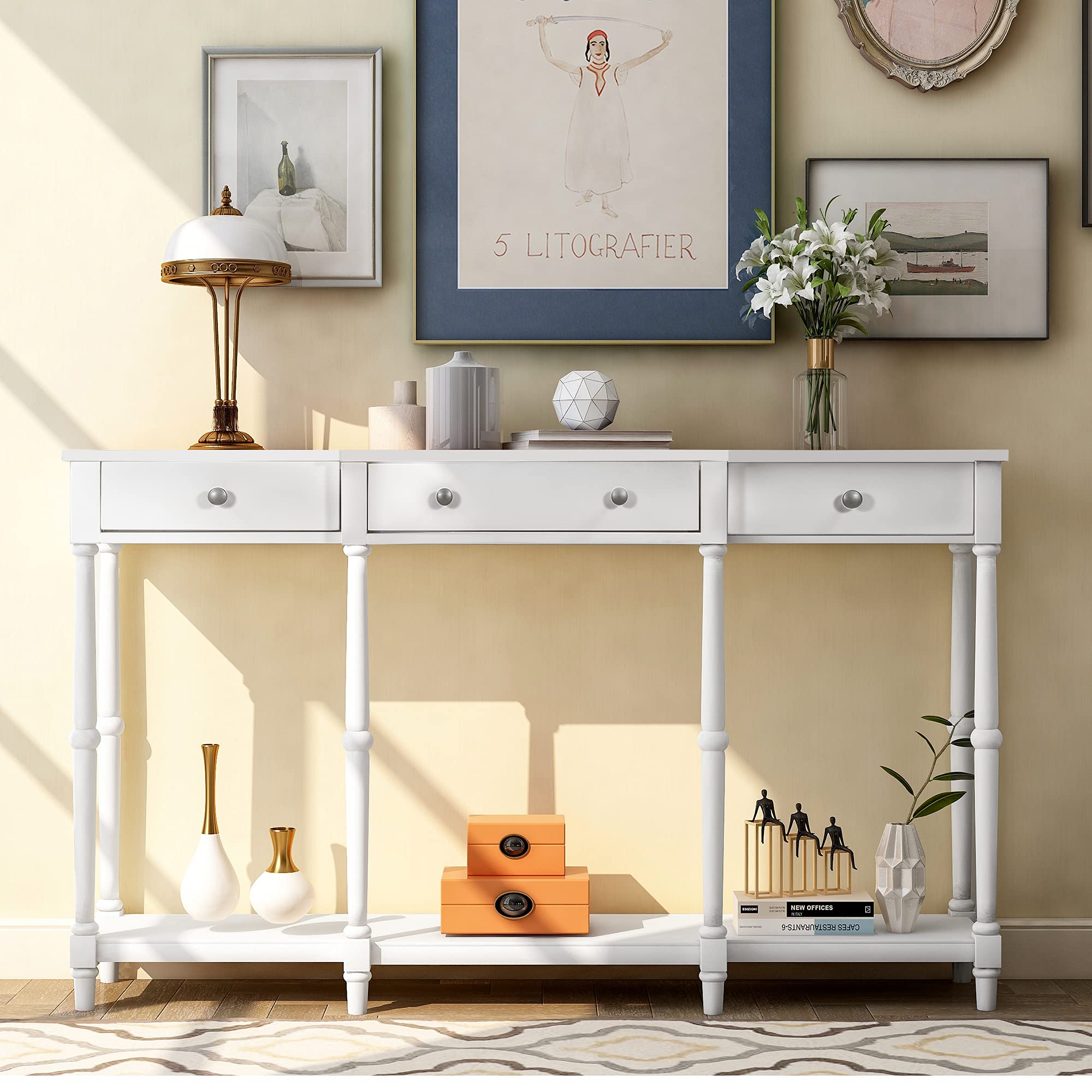 Solid Wood Console Table Sofa Table - Classic Entryway Table with Storage Shelf & Drawer - Narrow Accent Table Furniture for Living Room, Hallway, Bedroom (White)