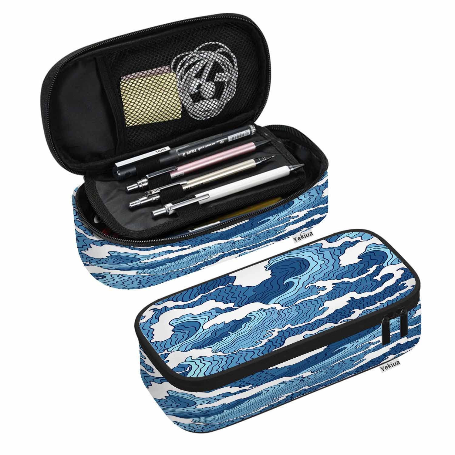 **Nicokee Large Capacity Compartment Pencil Case – Blue White Wave Surf Design, Ocean-Themed Storage Bag for School, Office & Travel – Perfect for Pens, Markers & Art Supplies**