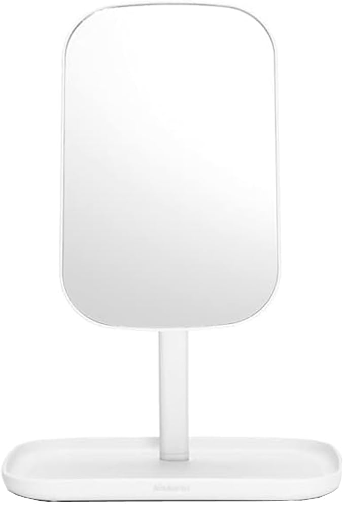 Brabantia Renew 360° Adjustable Vanity Mirror with Stand & Storage Tray - White Bathroom Makeup Mirror Organizer for Jewelry, Cosmetics, Shaving Essentials (8x8x11 Inches) - Perfect for Dressing Tables, Vanity Desks & Bathroom Countertops