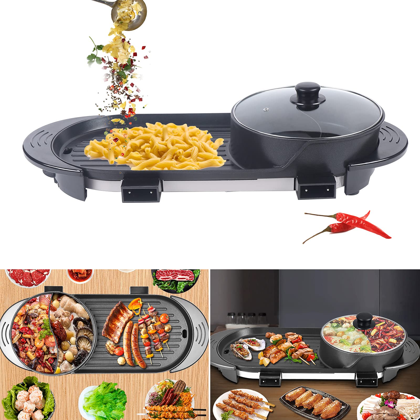 2 in 1 Portable Electric Hot Pot with Grill & Soup Pot - 1100W 110V Non-Stick Teppanyaki Grill for Indoor BBQ, Camping & Dorm Cooking - Multifunctional Electric Barbecue Grill for Hot Pot, Shabu Shabu & Korean BBQ