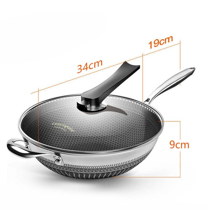 LOYALHEARTDY 34CM Stainless Steel Non Stick Frying Pan with Lid - Induction Compatible Wok for Gas, Ceramic & Electric Stoves - Perfect for Stir Fry, Sautéing & Asian Cooking