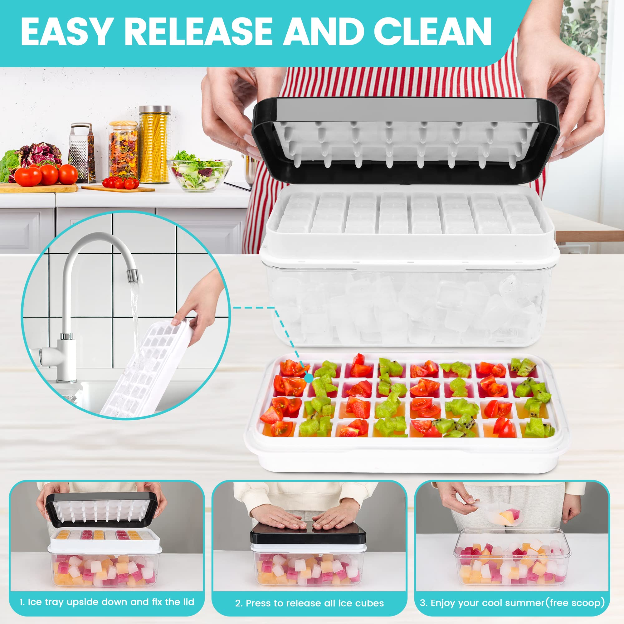 64-Piece Ice Cube Trays with Lid & Storage Bin - Easy Release Ice Cube Maker for Freezer, Cocktails, Whiskey & Coffee - Includes 2 Trays, 1 Ice Bucket & Scoop (Black) - Perfect for Home Bars, Parties & Beverage Chilling