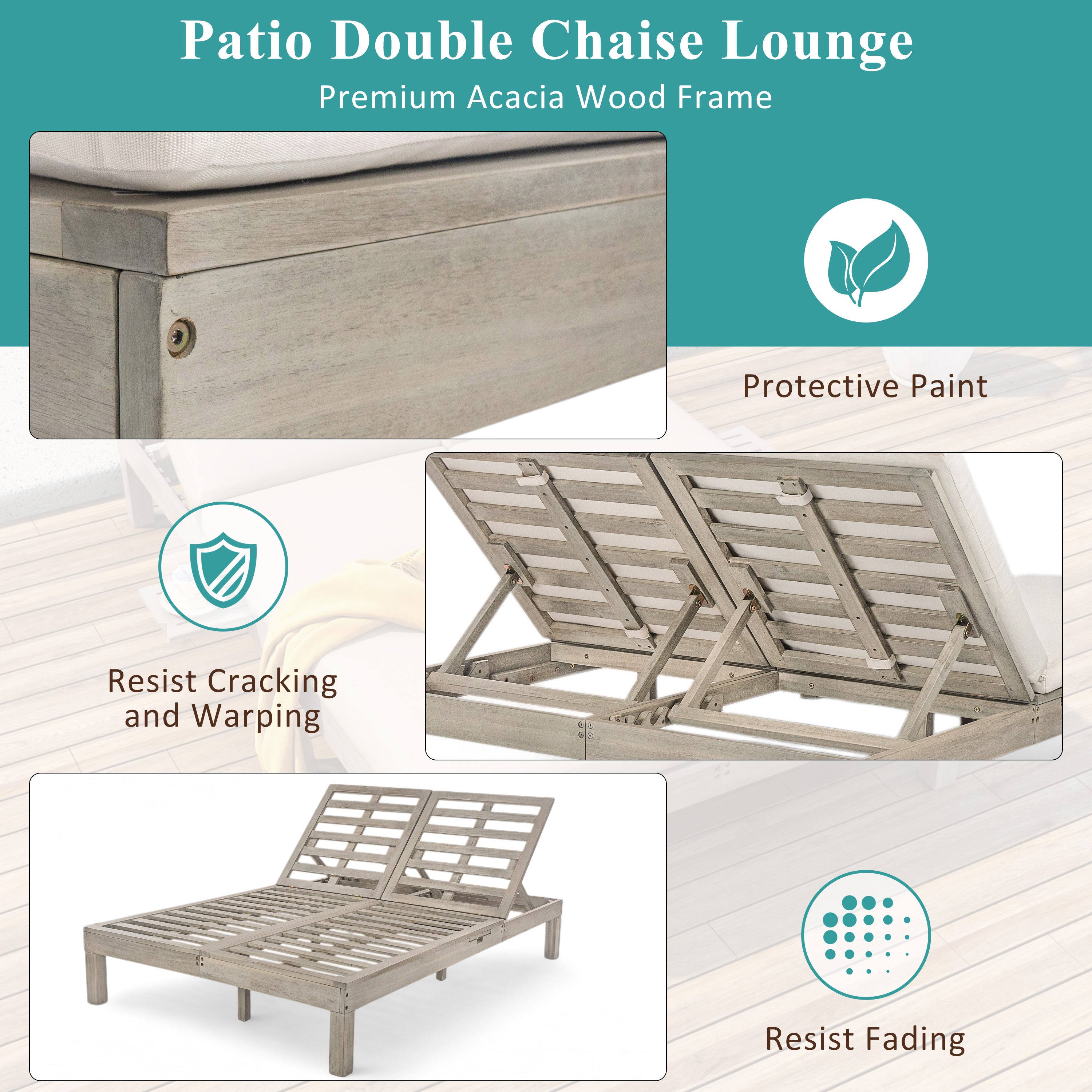 5-Position Adjustable Backrest Outdoor Chaise Lounge Daybed with Cushion & Folding Side Trays - Patio Poolside Garden Furniture for 2 People - Perfect for Sunbathing, Relaxing by the Pool or Backyard Lounging