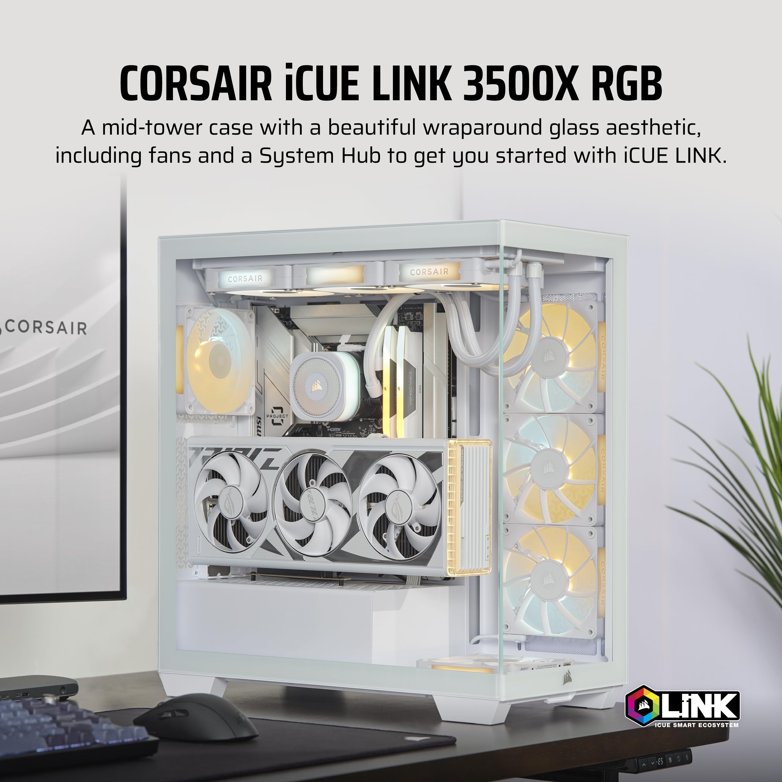 CORSAIR iCUE Link 3500X RGB Mid-Tower ATX PC Gaming Case - White with Panoramic Tempered Glass, Reverse Connection MB Compatible & 3x iCUE Link RX120 RGB Fans - Perfect for Gaming Rigs, Streaming Setups & Custom PC Builds
