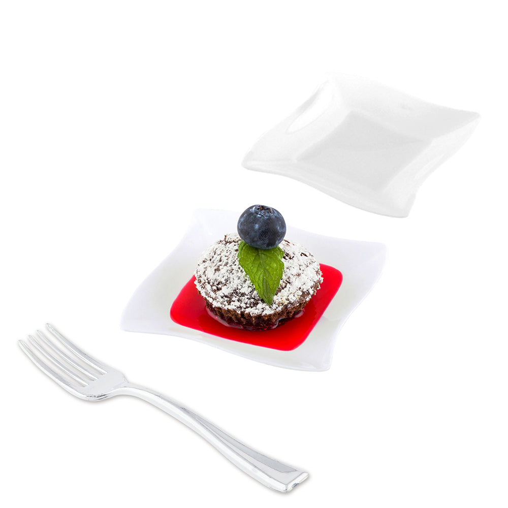 100-Pack White Square Plastic Aqua Plates & 100-Pack Silver Mini Plastic Forks - Perfect for Parties, Picnics, and Outdoor Events