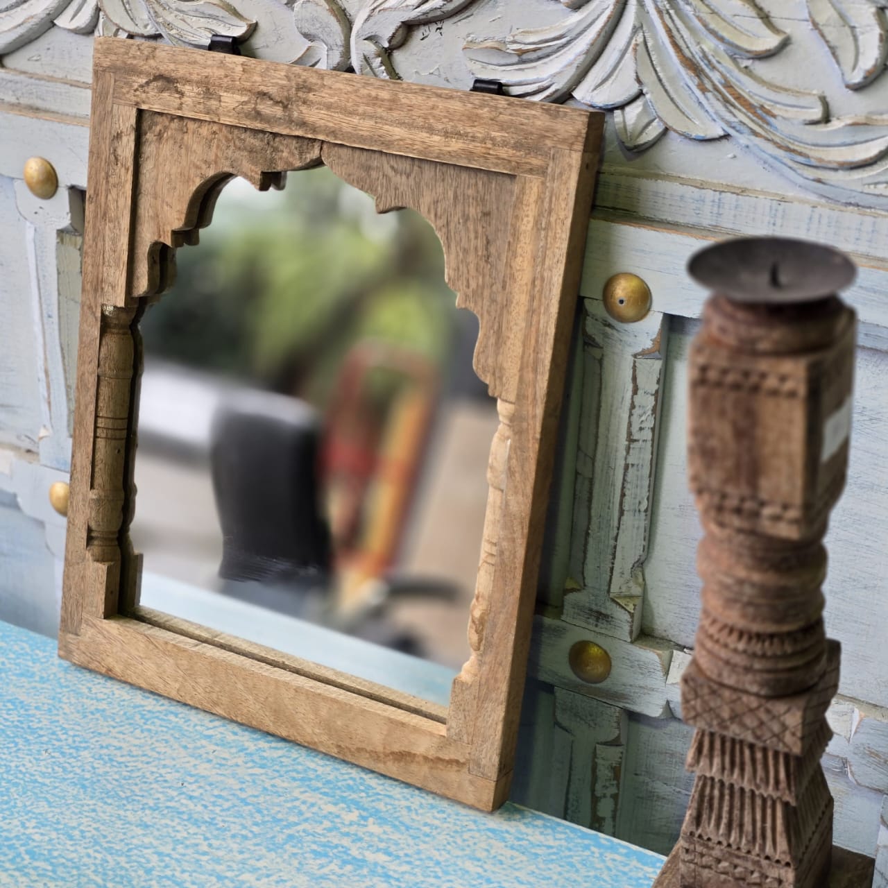 Hand Carved Indian Solid Wood Temple Mirror - Brown 116 - Elegant Wall Decor for Living Room, Bedroom, or Meditation Space