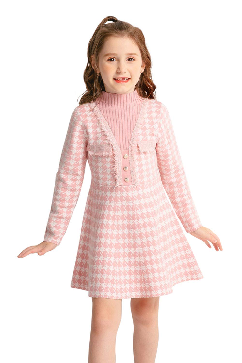 SMILING PINKER Girls Winter Knit Dress - Houndstooth Pattern Mock Neck Flare Sweater Dress for Toddler & Kids - Perfect for Christmas, Holiday Parties & Family Photos