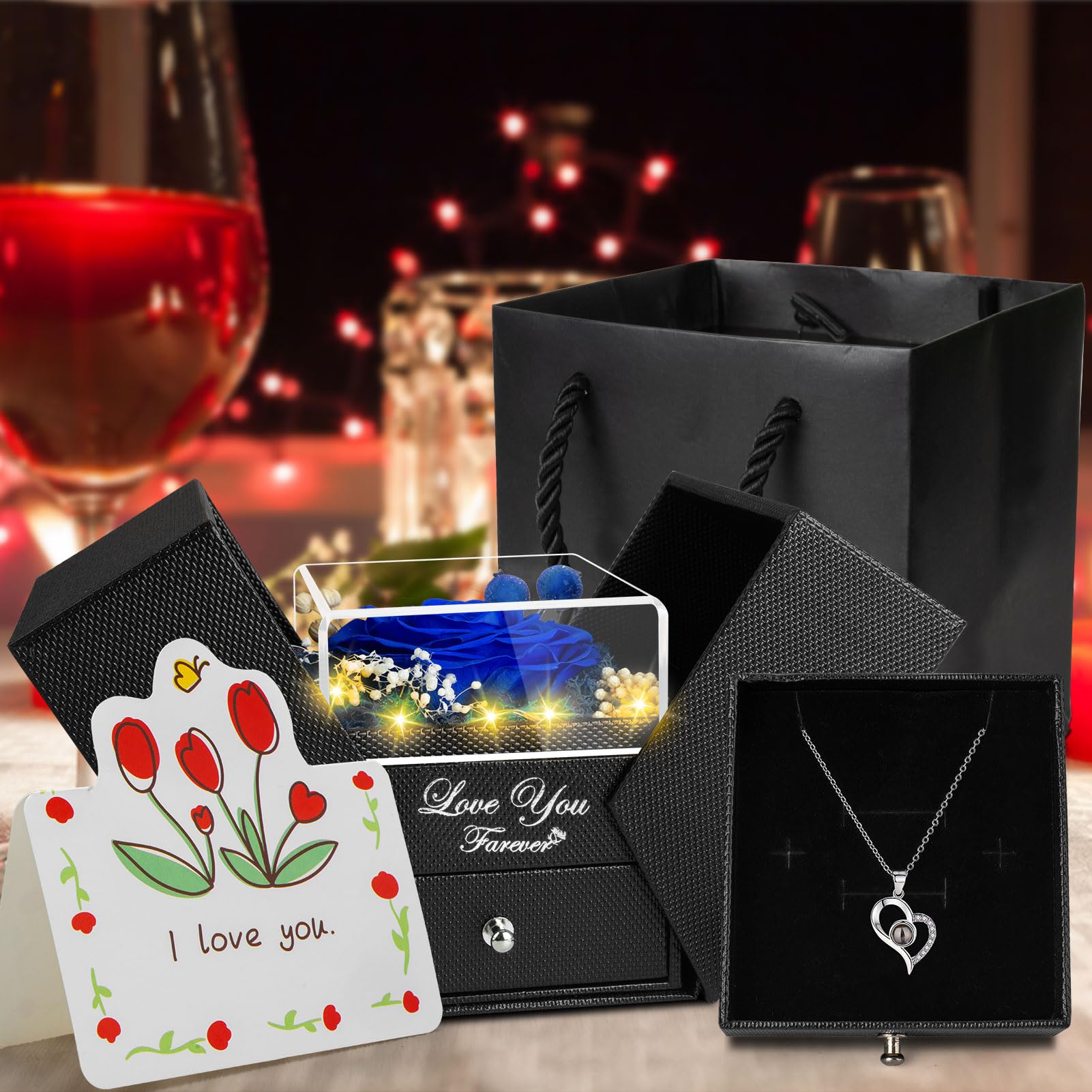 Preserved Blue Real Rose with 'I Love You' Necklace - Eternal Flower Gift for Mom, Grandma, Wife, Girlfriend | Romantic Birthday, Anniversary & Christmas Present for Her | Perfect for Valentine's Day, Weddings & Special Occasions