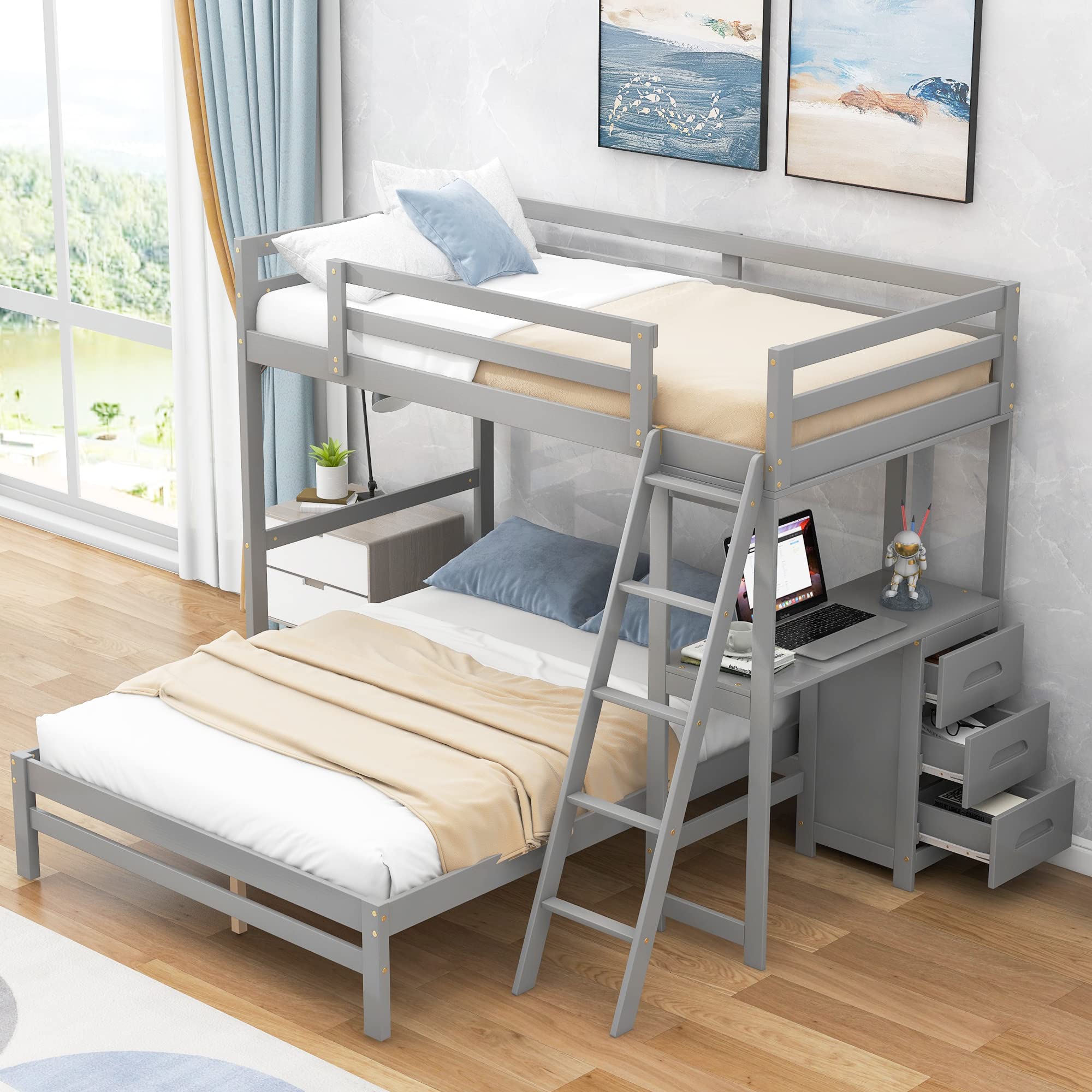 Merax Twin Over Full Bunk Bed with Built-in Study Desk & 3 Storage Drawers - Solid Wood Loft Bed with Full-Length Safety Guardrail & Sturdy Ladder - Space-Saving Kids Bedroom Furniture for Small Rooms, Dormitories & Guest Rooms (Grey, No Box Spring Needed)