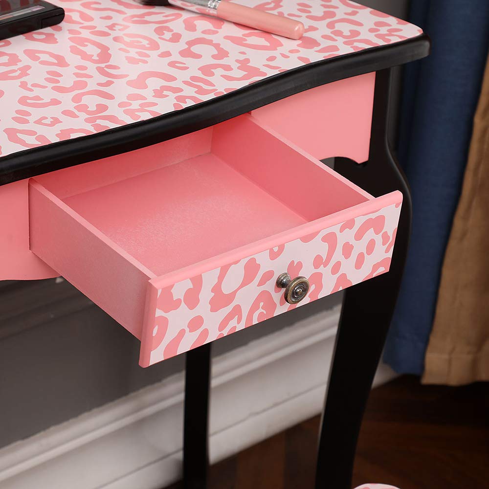 Pink and Black Kids Vanity Set with Three-Fold Mirror, Vanity Table & Chair, Single-Drawer Dressing Table for Girls - Perfect for Bedroom Decor, Pretend Play & Birthday Gifts