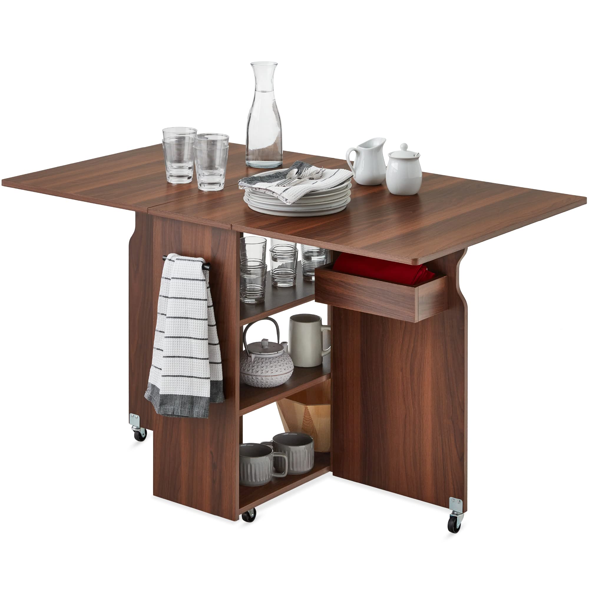 Best Choice Products Folding Dining Table with Wheels - Space Saving Collapsible Drop Leaf Extension Desk, 3 Storage Shelves, Multipurpose Brown Table for Small Spaces, Kitchen, Dorm Room, or Office Use