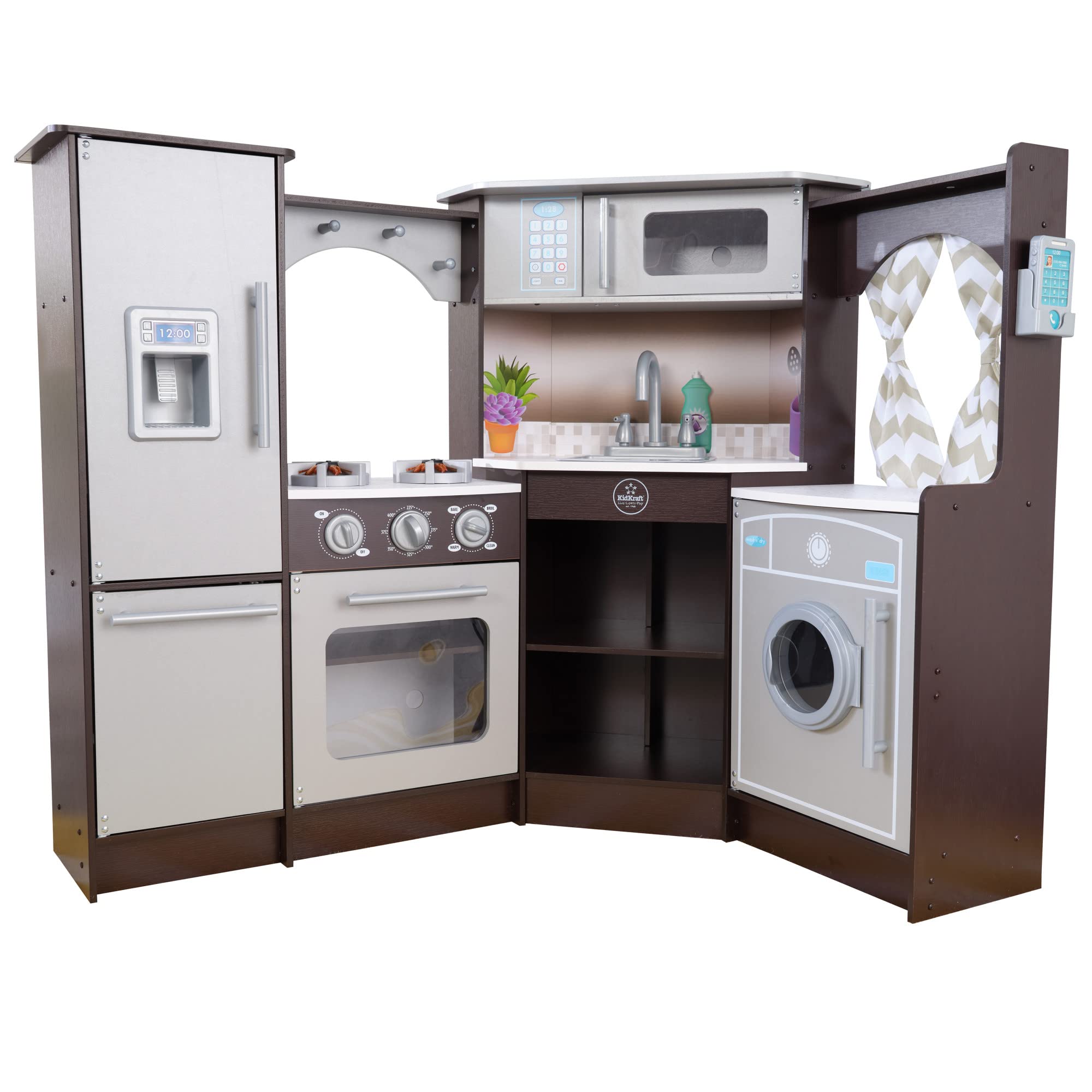 KidKraft Ultimate Corner Wooden Play Kitchen Set with Lights & Sounds, Play Phone & Curtains - Espresso Finish - Pretend Play Toy for Kids Ages 3+ - Perfect for Imaginative Play, Role-Playing & Early Learning Activities