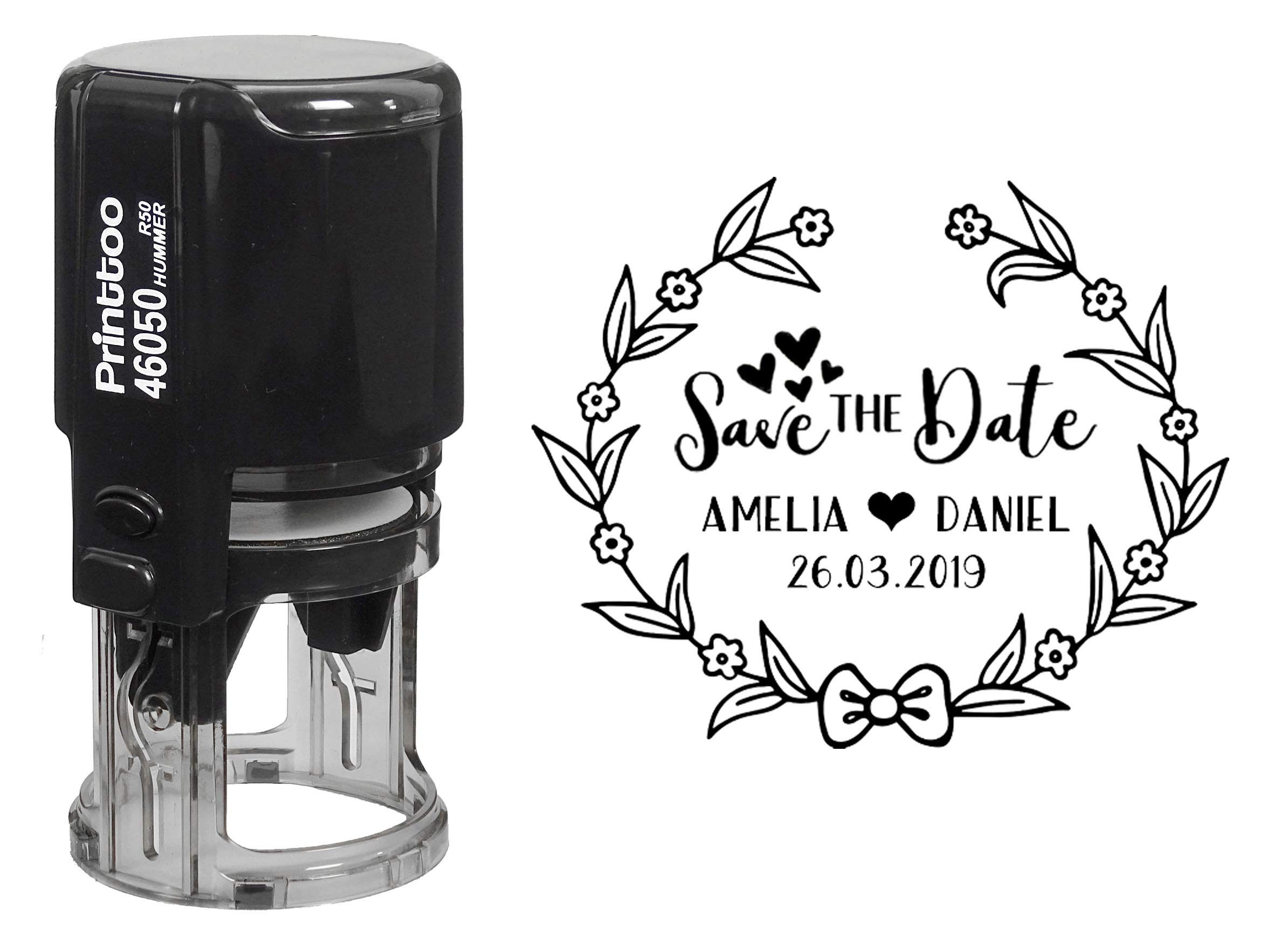 Custom Self-Inking Round Rubber Stamp - Personalized Floral Wreath Design for Save The Date, Wedding Invitations & DIY Crafts | Perfect Gift Idea for Brides & Stationery Lovers