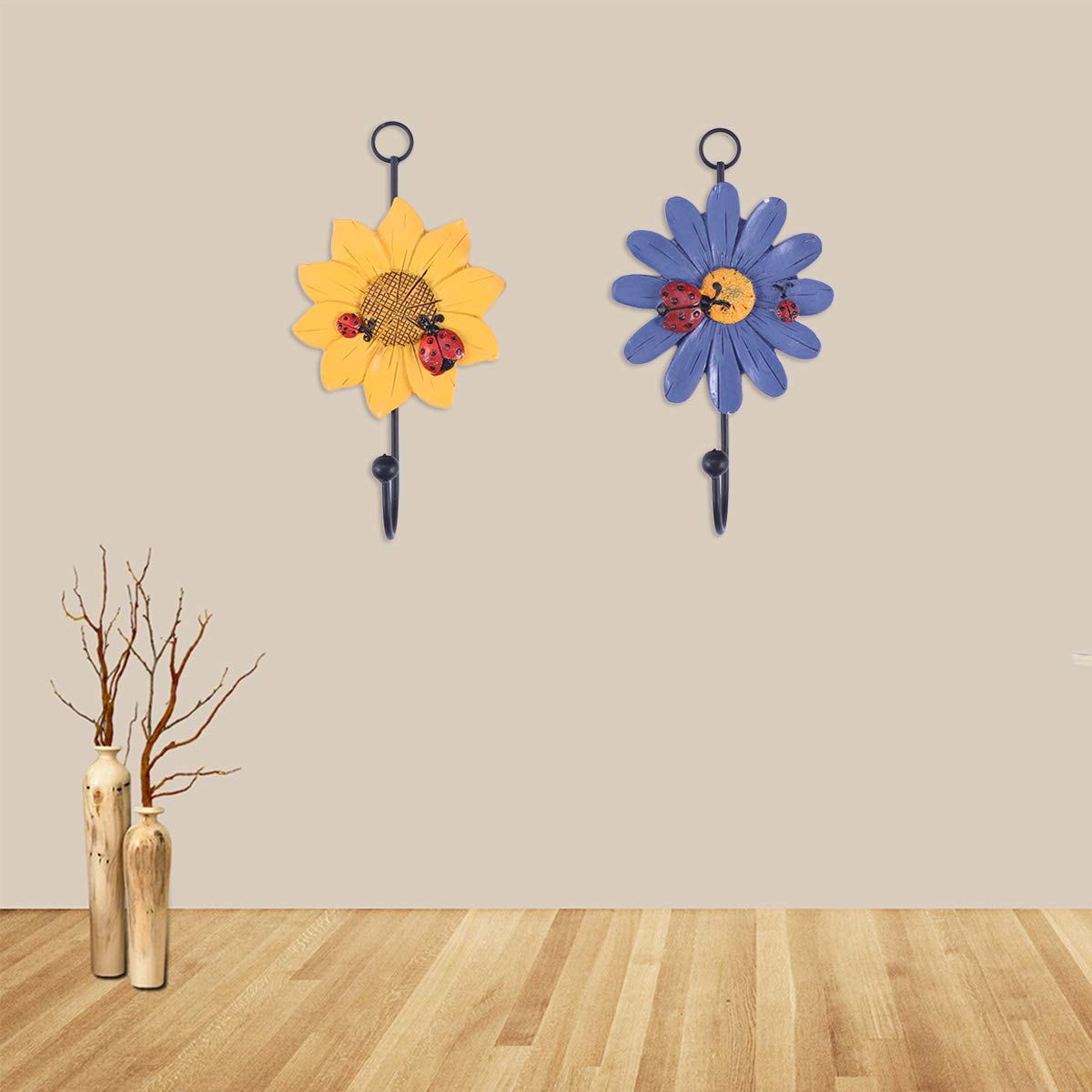 4-Pack Decorative Flower Resin Wrought Iron Wall Hooks - Red, Yellow, White & Purple - Coat Hooks for Garden, Entryway, Bedroom & Bathroom Organization - Rustic Home Decor Hanging Solution for Coats, Hats, Bags & Towels