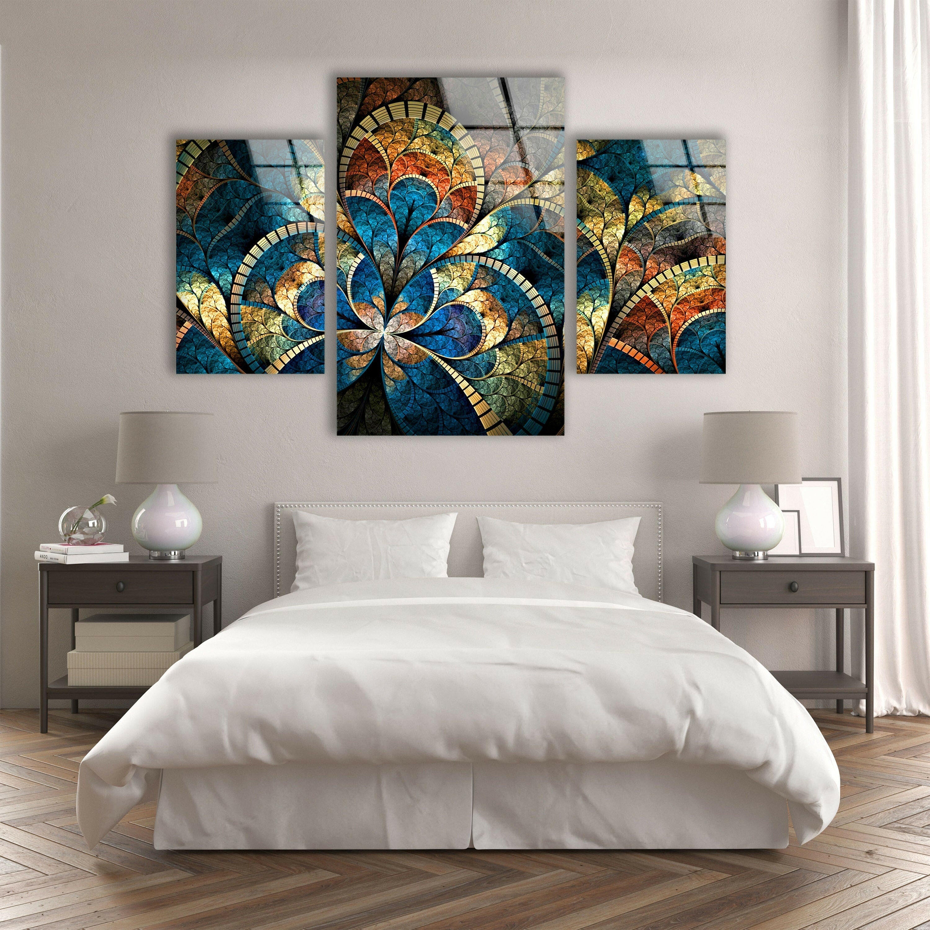 Handmade Blue Stained Floral Glass Wall Art - Elegant Home Decor for Living Room, Bedroom & Office - Perfect Gift for Housewarming & Wedding