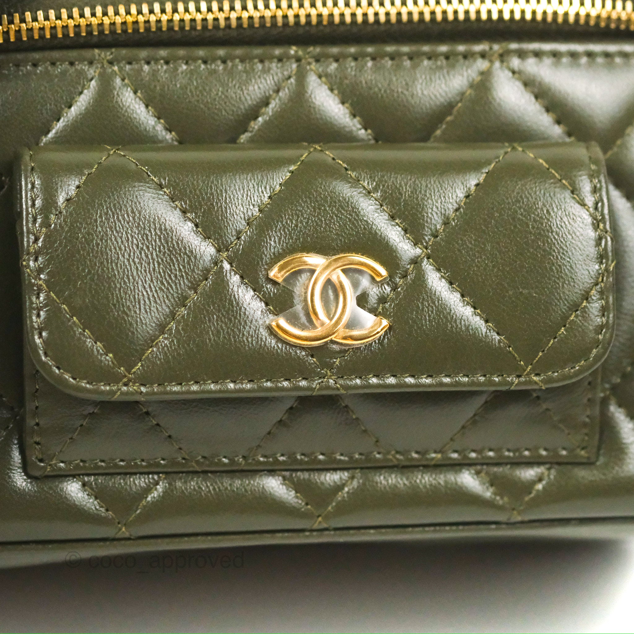 Chanel 22K Khaki Green Lambskin Cargo Pocket Top Handle Vanity Bag with Chain - Luxury Crossbody Purse for Women, Perfect for Date Night & Evening Events