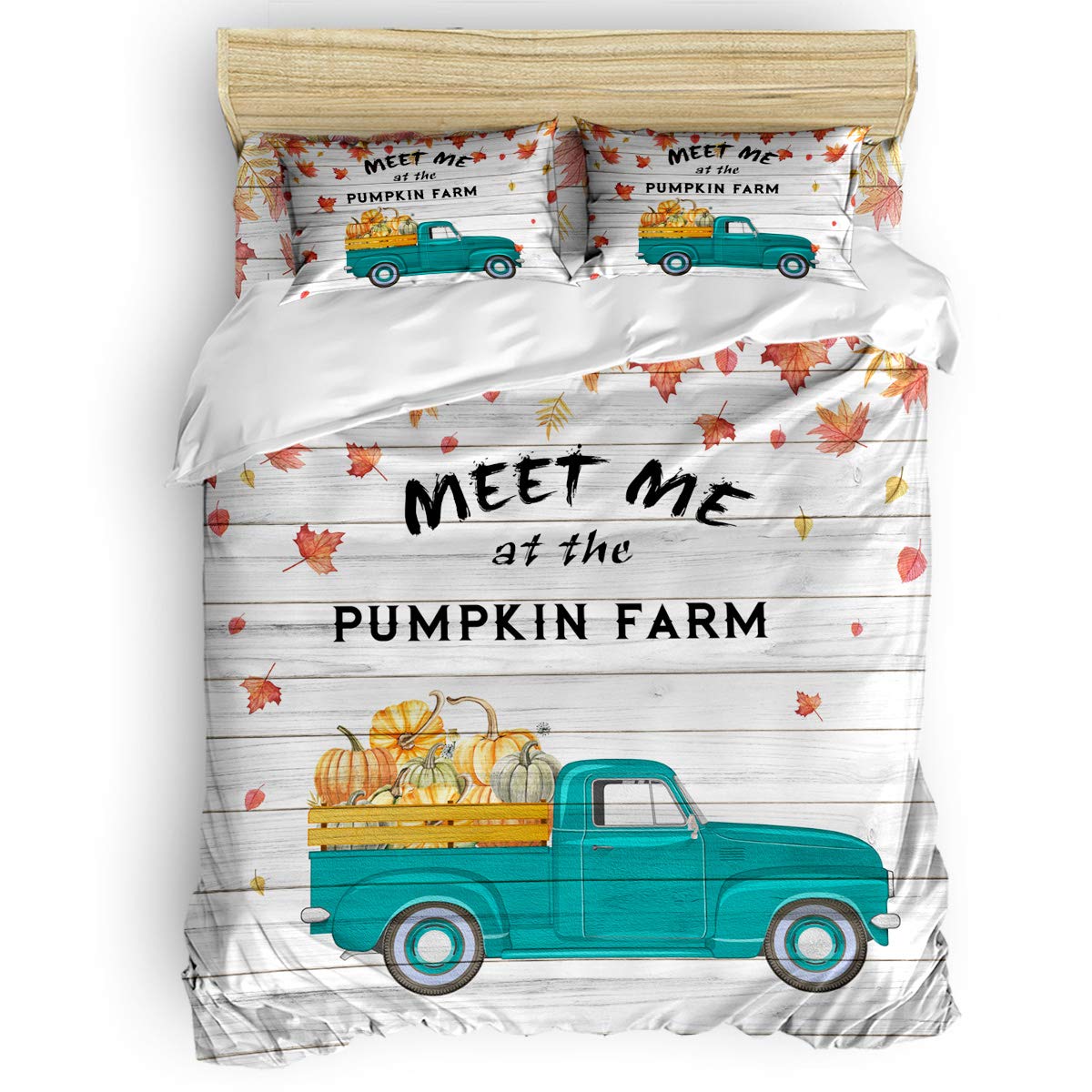 Blue and Orange Pickup Truck & Pumpkins 4-Piece Duvet Cover Set - Ultra Soft Brushed Microfiber Queen Size Bedding for All Seasons - Autumn Maple Leaves Decorative Comforter Cover - Perfect for Cozy Fall Bedrooms and Seasonal Home Decor