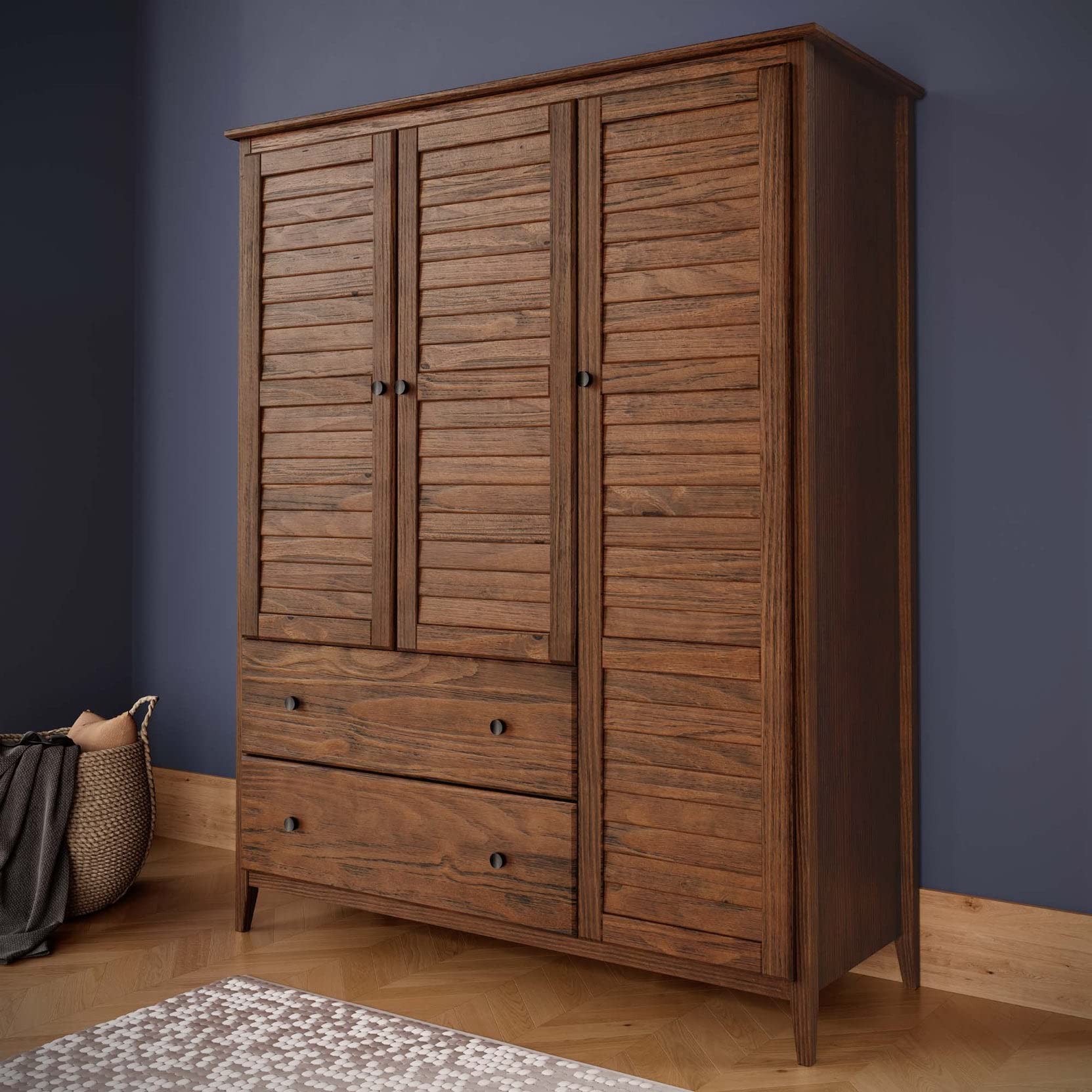 Grain Wood Furniture Greenport 3-Door Wardrobe in Brushed Walnut - Spacious Storage for Bedroom, Closet Organization & Home Decor