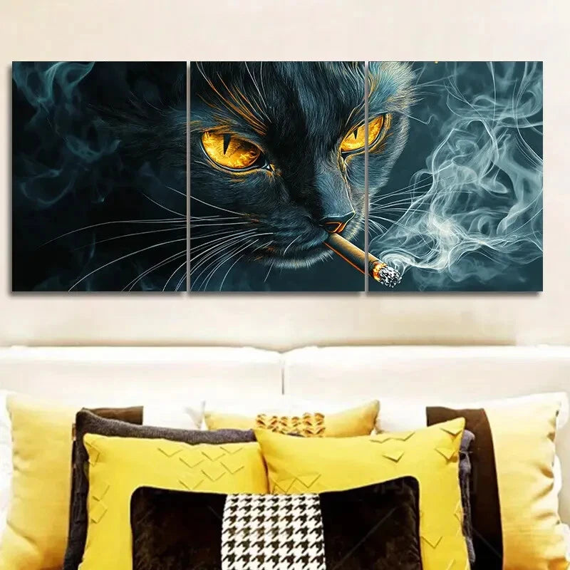 3-Piece Black Cat with Yellow Eyes Smoking Metal Wall Art - Ready to Hang Home Decor for Living Room, Bedroom, or Office