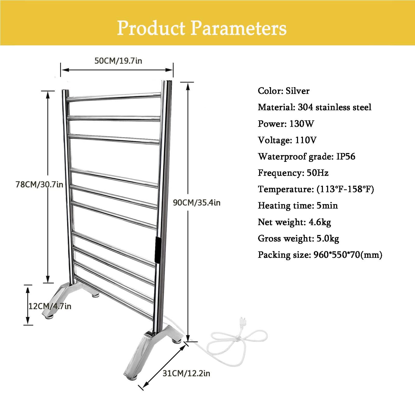 Premium 10-Bar Heated Towel Warmer - 304 Stainless Steel Electric Towel Rack with Built-in Timer | Free Standing & Wall Mounted Bathroom Towel Heater (Plug-in, Silver) | Perfect for Spa-Like Luxury, Cold Mornings & Cozy Bathroom Comfort