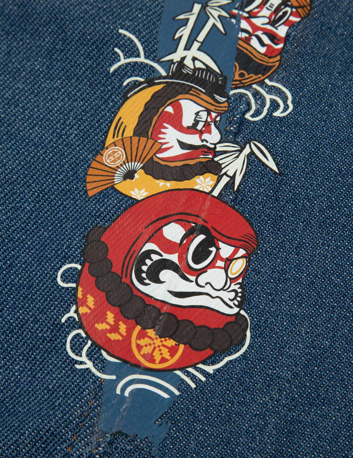 Daruma Daicock Print Denim Jacket - Regular Fit, Fabric Blocking, Vintage Style for Men & Women | Perfect for Casual Outfits, Streetwear & Fashion Statements