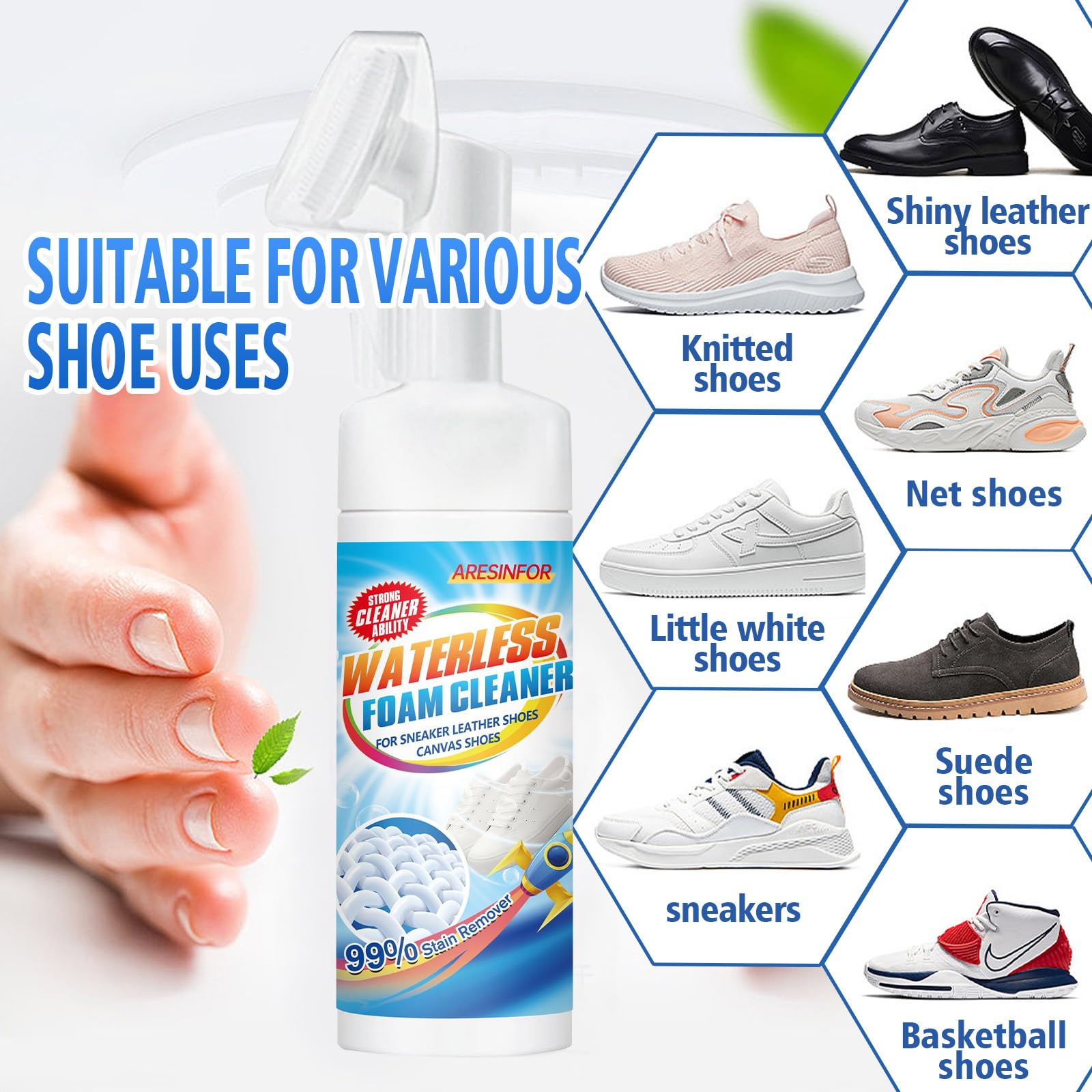 5.3Oz Water-Free Foam Sneaker Cleaner Kit - Quick Cleaning Shoe Care with White Shoe Brush & Microfiber Cloth - Works on Most Athletic Shoes, Sneakers & White Shoes - Perfect for Gym, Running & Daily Wear