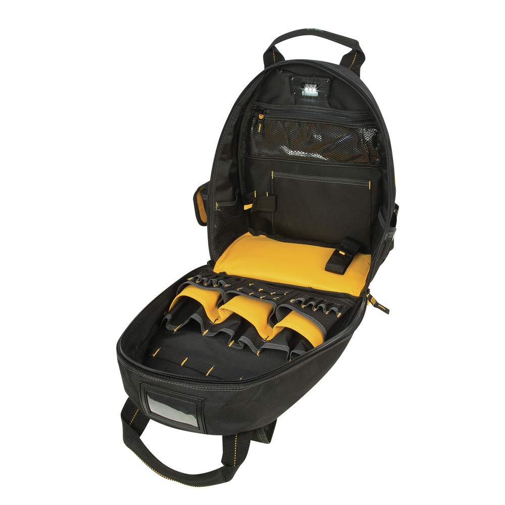 DEWALT 57-Pocket Lighted Tool Backpack for Electricians & Contractors - Heavy Duty Work Backpack with LED Light for Job Sites, Construction, and Outdoor Projects