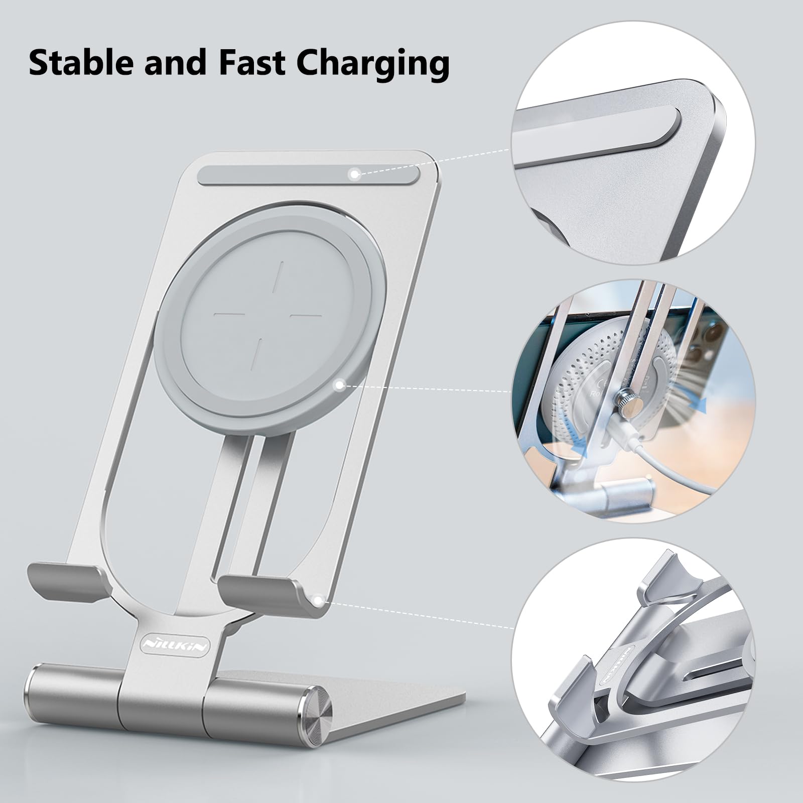 Nillkin Fast 15W Wireless Charger Stand - Adjustable & Foldable Metal Phone Holder for iPhone 15/14/13/12 Pro Max, Samsung Galaxy S24/S23/S22/S21 Ultra, Qi-Certified Charging Pad for Bedroom, Office & Travel