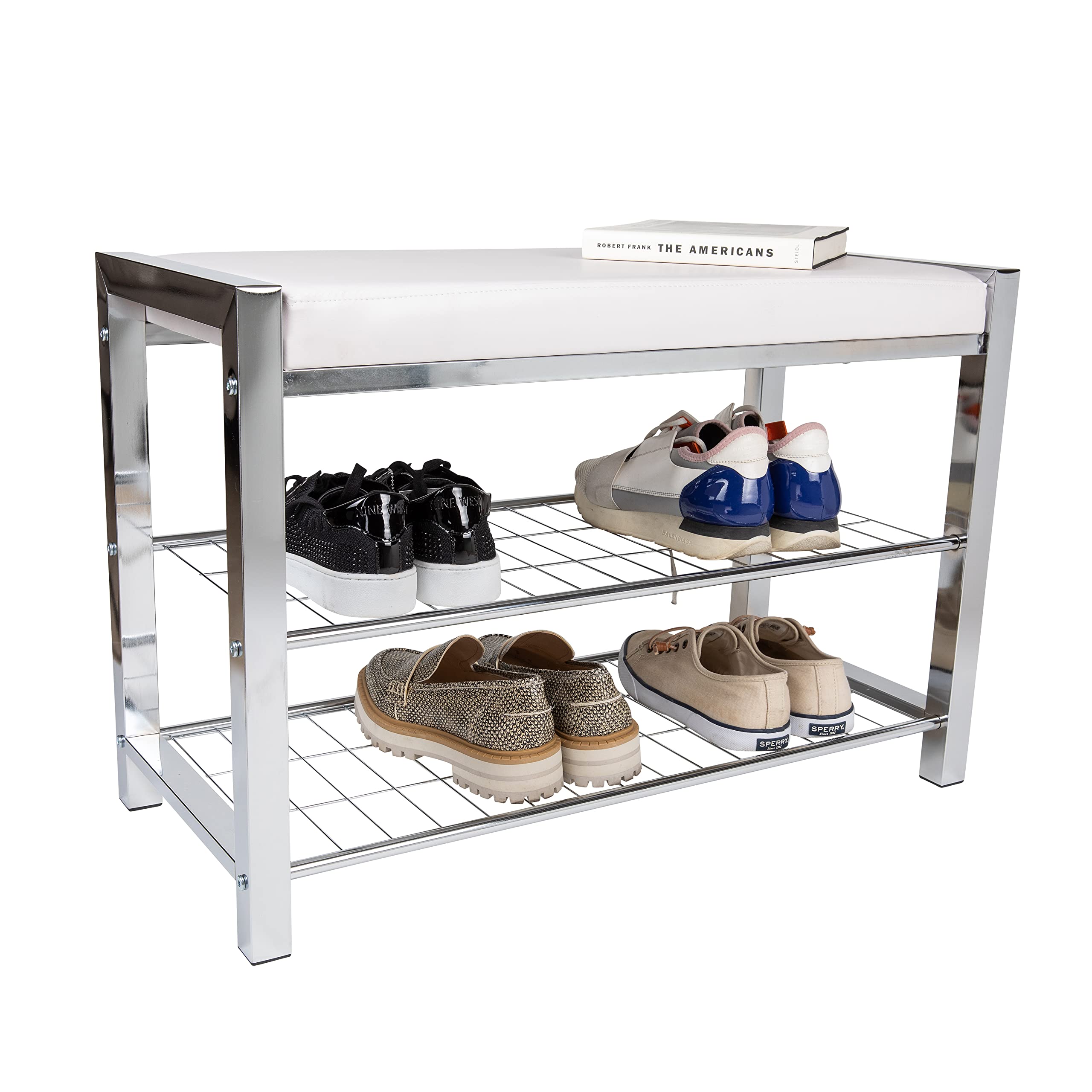 Danya B White Leatherette Storage Entryway Bench with Chrome Frame - Modern Hallway Bench with Shoe Storage, Perfect for Entryway, Living Room, Bedroom & Mudroom Organization