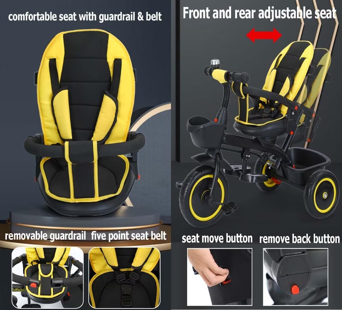 Two-Way Reversible Toddler Stroller Tricycle with Adjustable Seat, Safety Belt & Guardrail - Parent Steering Handle & Dual Rear Brakes - Black/Yellow Foam Wheels for Park Rides & Neighborhood Walks