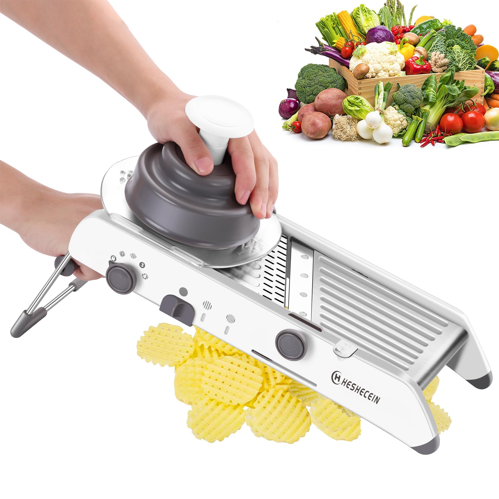 Premium Adjustable Mandoline Slicer - Stainless Steel Kitchen Vegetable Chopper & Slicer with 5 Blades | Perfect for French Fries, Waffle Cuts & Salad Prep | Dishwasher Safe & Ergonomic Design (White)