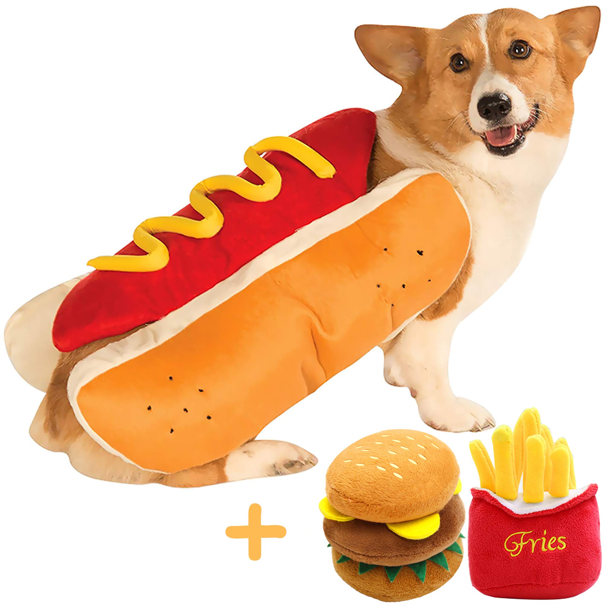 Hot Dog Costume for Small Dogs - Soft & Warm Puppy Outfit with 2 Plush Squeaky Toys | Cute Pet Halloween, Christmas Party Cosplay & Photo Shoot Apparel