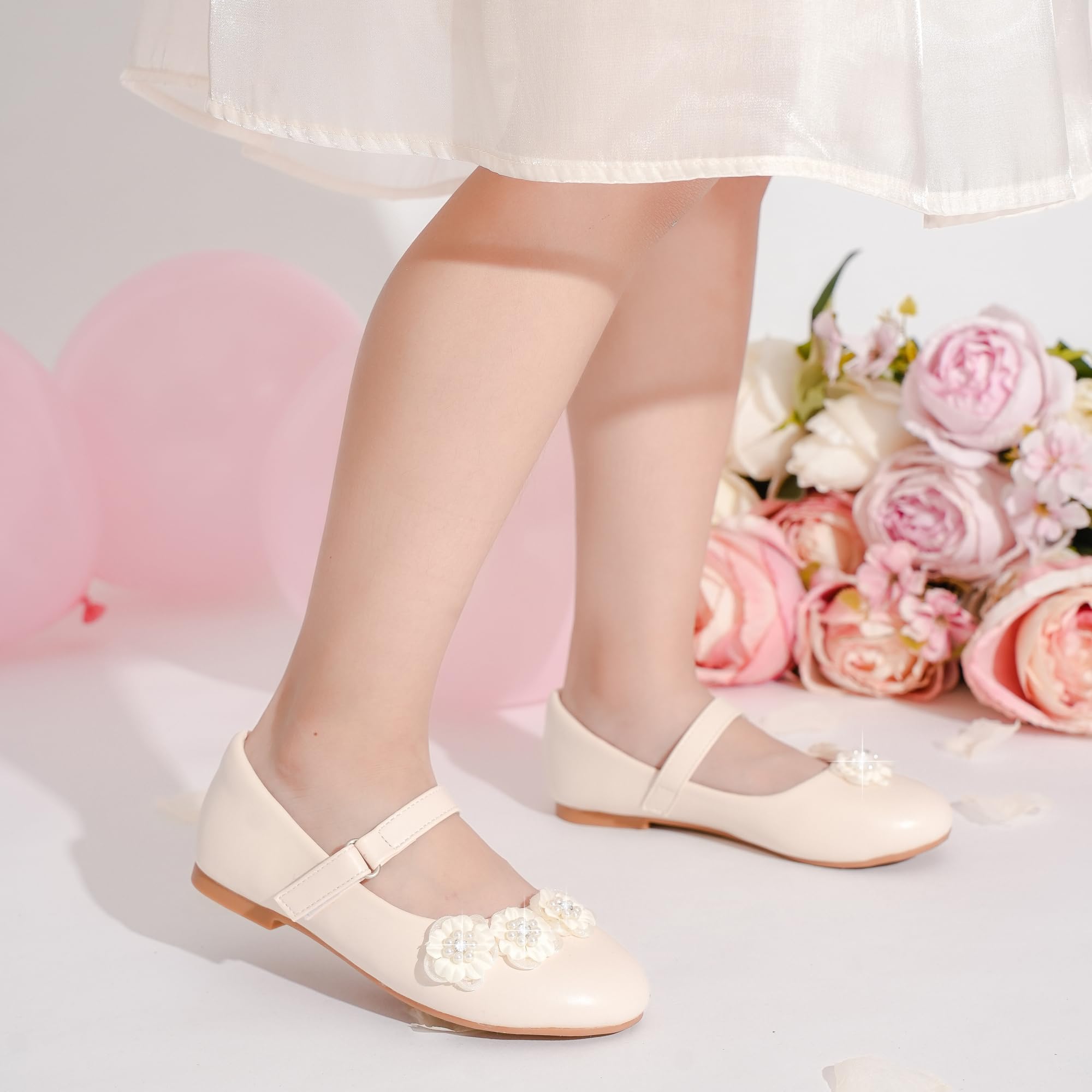 **Toddler Girls Flower Girl Shoes - Princess Wedding Flats with Low Heel for Little & Big Kids - Perfect for Weddings, Parties & Special Occasions**