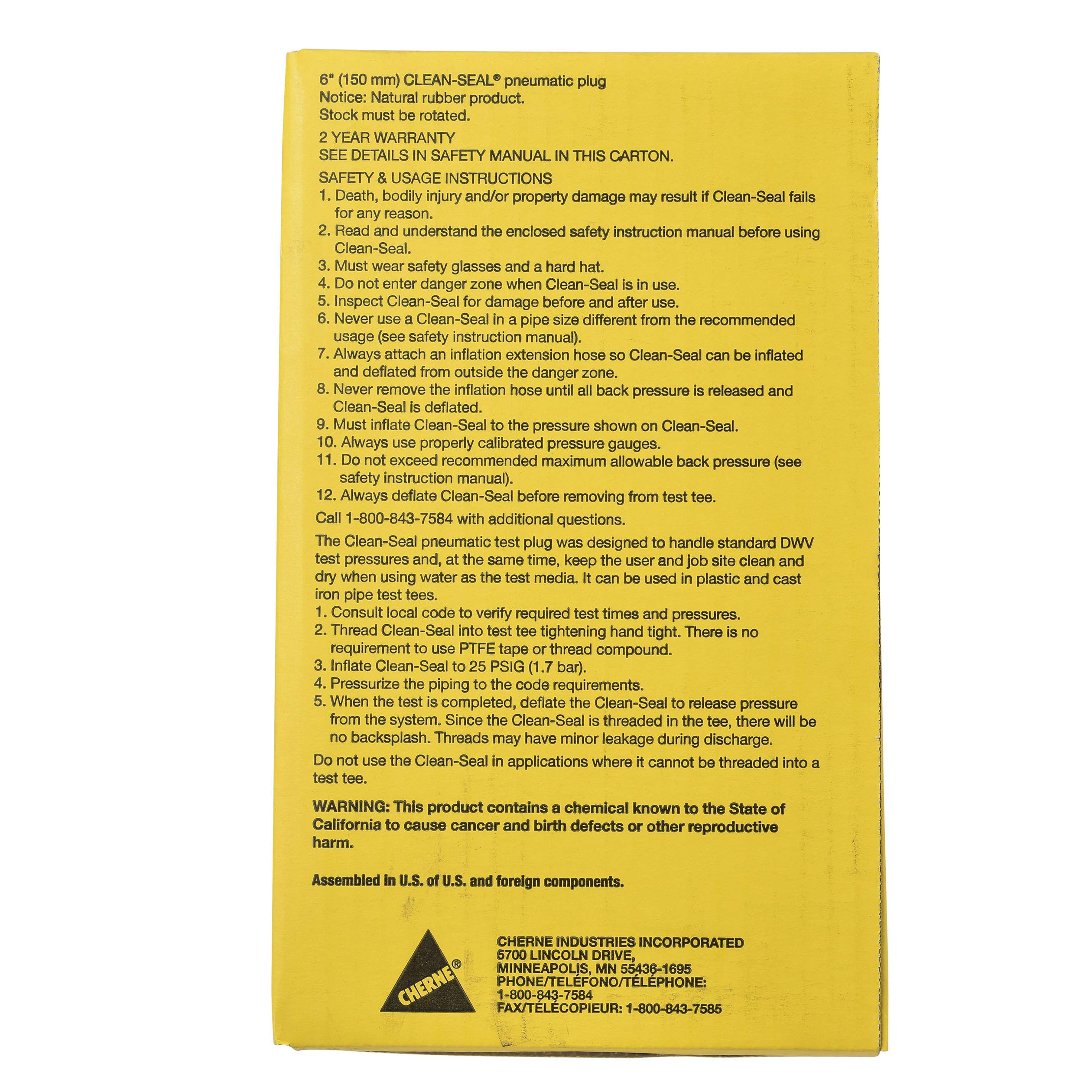 Cherne 271758 6-Inch Black & Yellow Pneumatic Test Plug for Plumbing, Drain Testing & Pipe Maintenance - Heavy-Duty Rubber Plug for Professional Contractors
