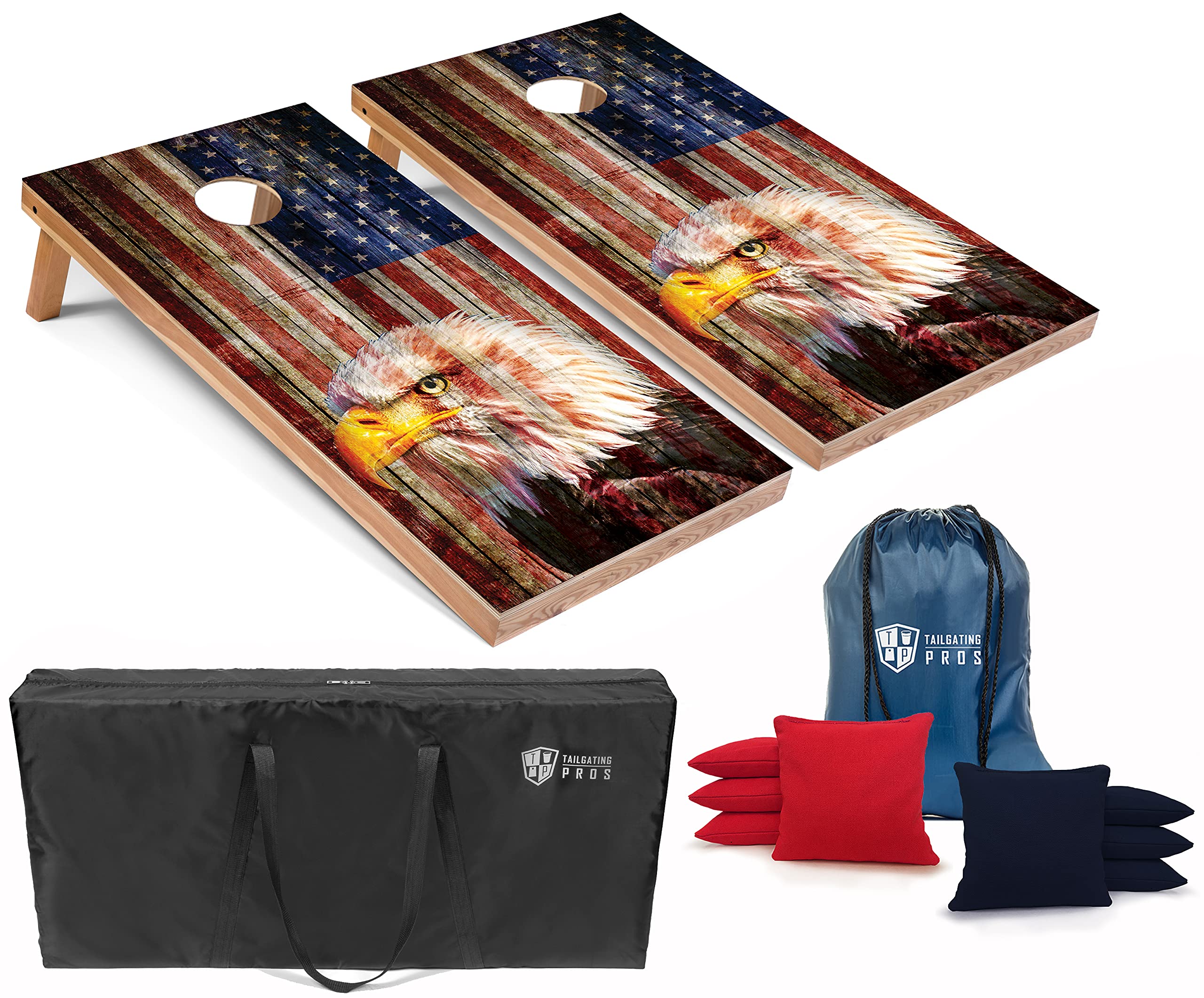 Patriotic Eagle US Flag Design Cornhole Board Set with Bean Bags & Carrying Case - 4'x2' Cornhole Toss Game for Outdoor Tailgating, Backyard Parties, and BBQ Events - Optional LED Lights for Night Play