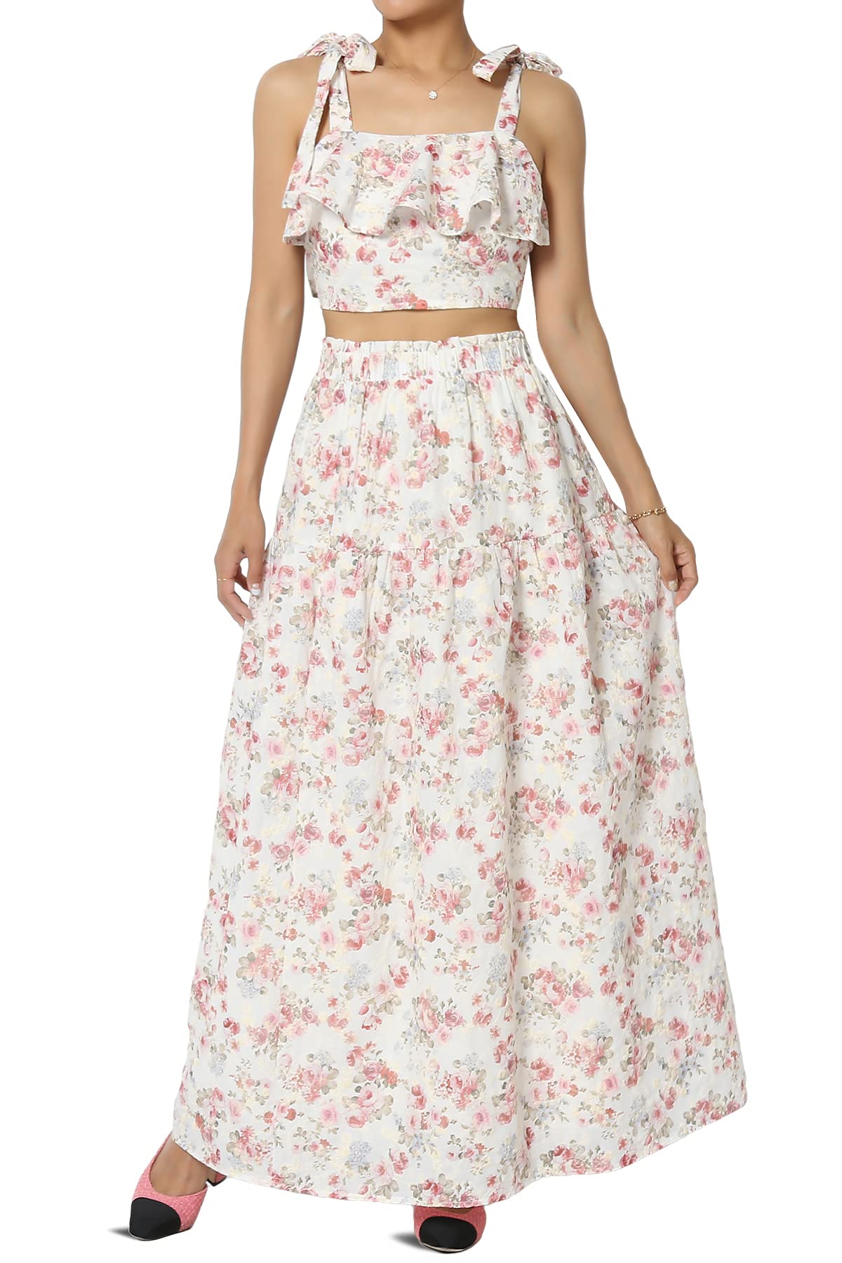 TheMogan Women's Embroidered Floral Tie Ruffle Crop Top & A-Line Skirt Set 2-Piece Outfit for Summer Beach Vacation, Party, Date Night and Casual Wear