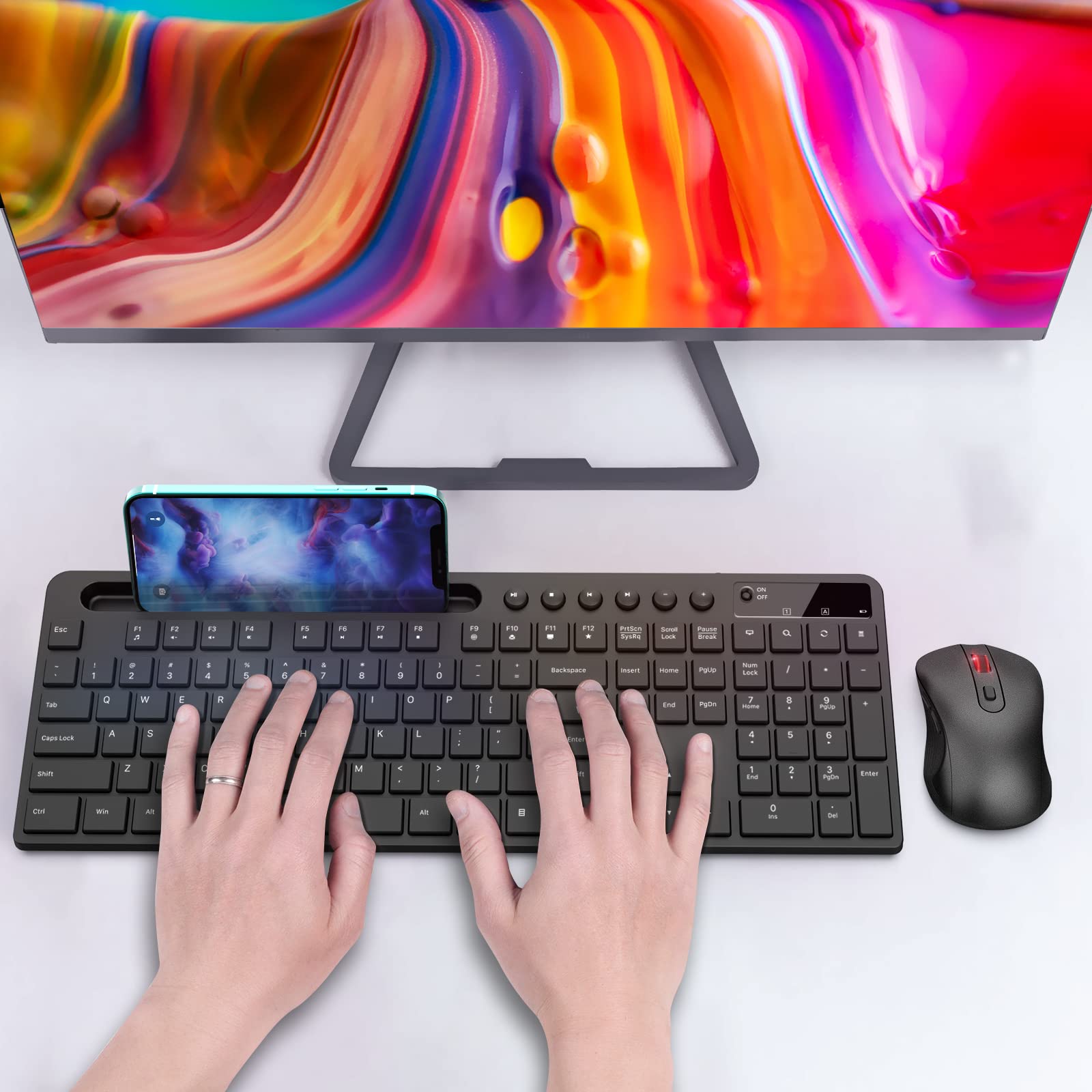 MARVO 2.4G Wireless Keyboard and Mouse Combo - Ergonomic Design with Silent Mouse & Phone/Tablet Holder - Compatible with MacBook & Windows PC (Black) - Perfect for Home Office, Gaming & Remote Work