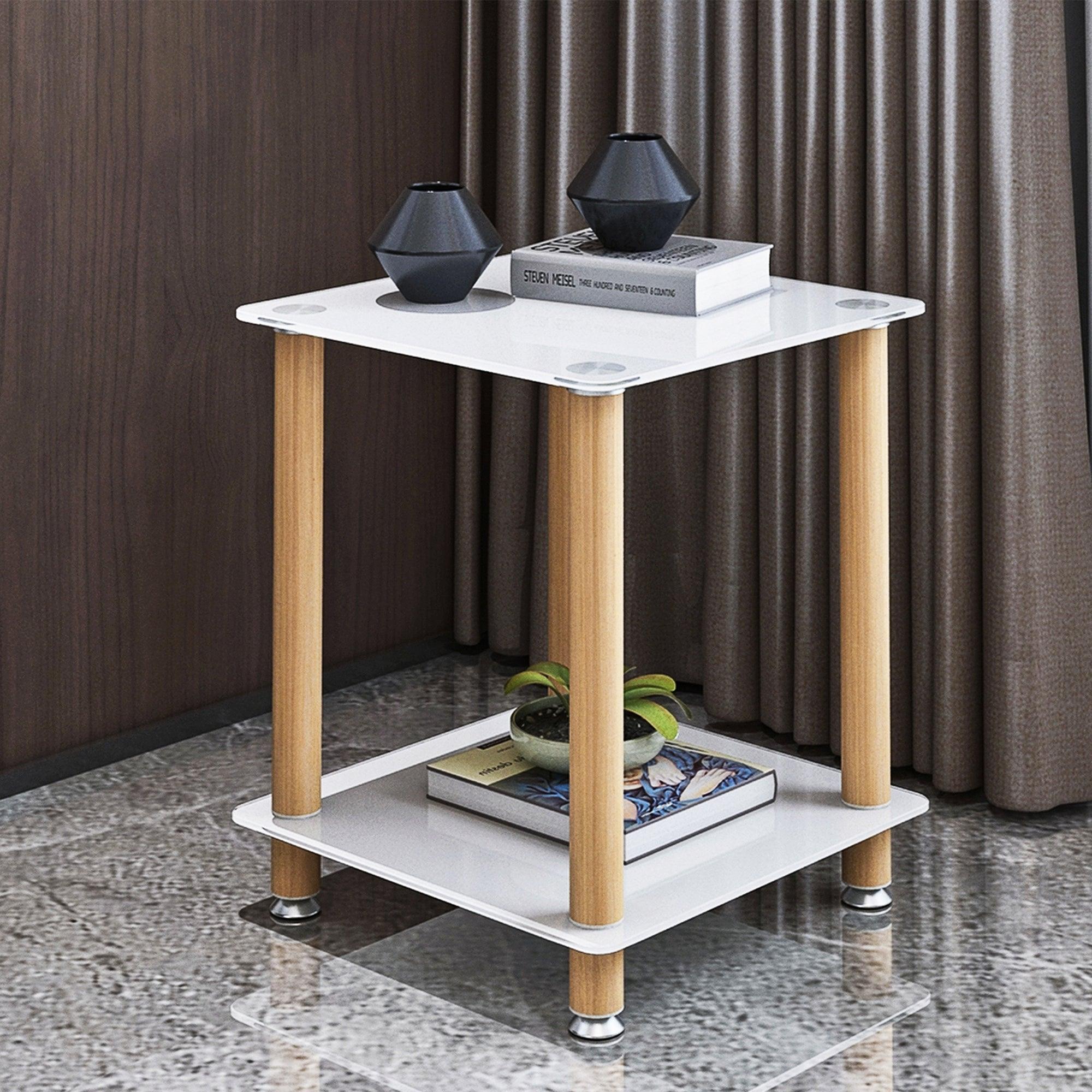 Modern 2-Tier White & Oak Side Table with Storage Shelf - End Table, Nightstand, Sofa Table for Living Room, Bedroom, Office - Space Saving Furniture for Small Spaces