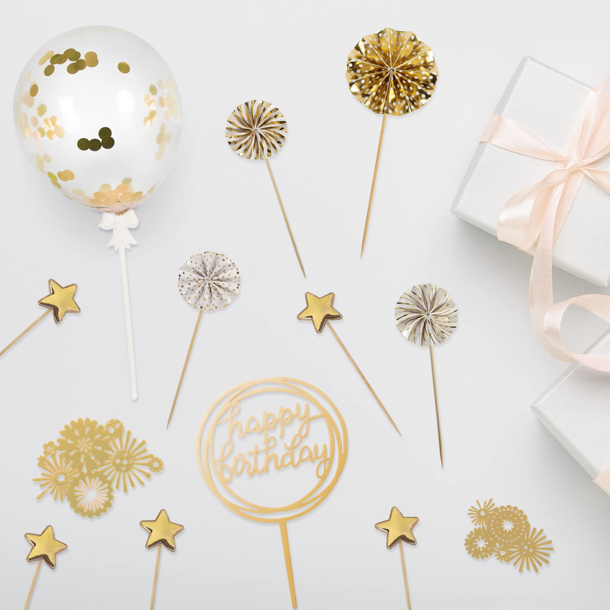 Beaface 13 PCS Gold Birthday Cake Toppers Set - Happy Birthday Cake Decorations with Sequins, Balloons, Paper Fans & Stars - Acrylic Cake Decor for Birthday Party, Wedding, Anniversary & Baby Shower Celebrations