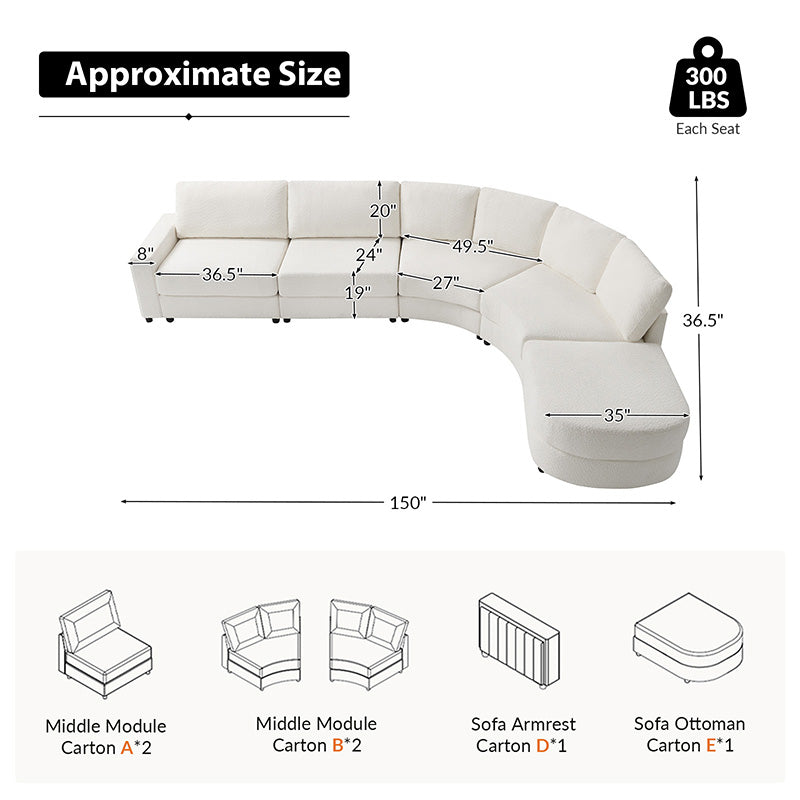 Aeris Modern Curved Sectional Sofa Set - L-Shaped Couch with Ottoman for Living Room, Lounge & Entertainment Spaces | Contemporary Fabric Upholstery, Comfortable Seating for Family & Guests