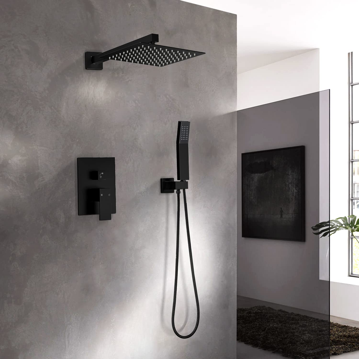 Qomolangma Black 12 Inch Rain Shower System - Wall Mounted Bathroom Shower Faucet Set with Pressure Balance Valve, 2-Function Shower Head (Rainfall & Handheld Spray) - Perfect for Modern Bathrooms, Spa-Like Shower Experience