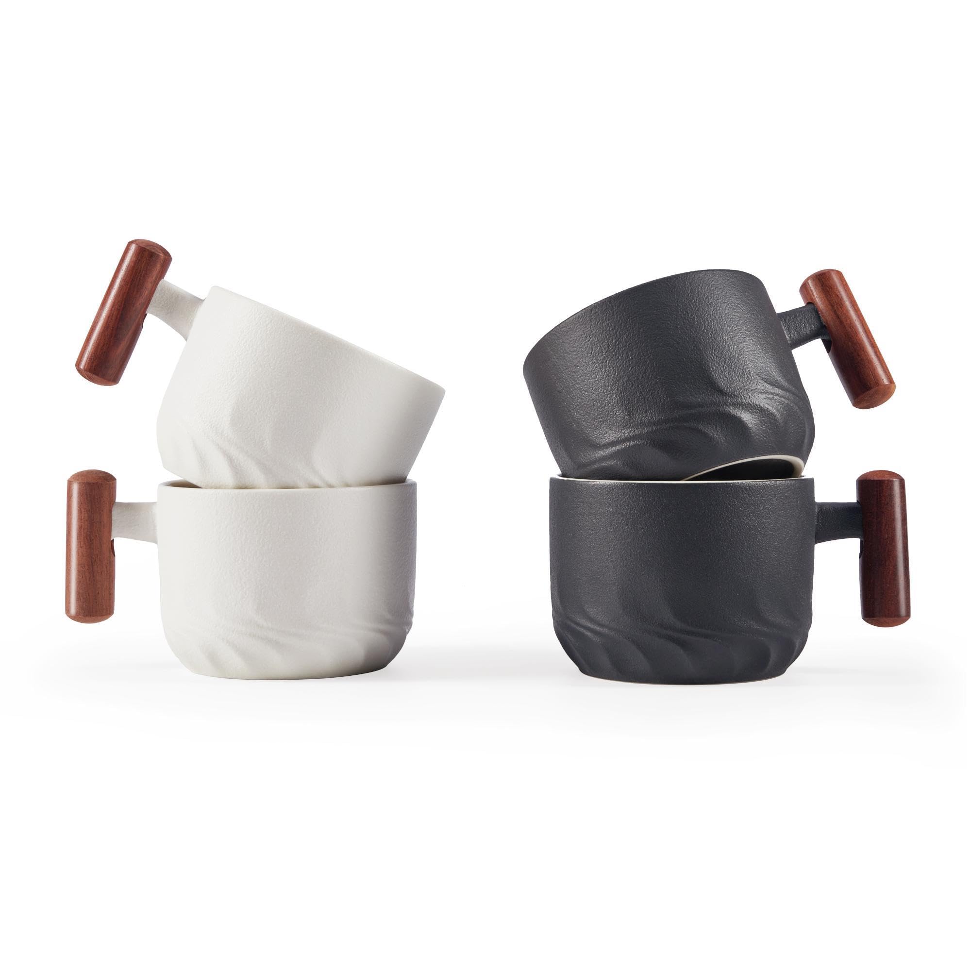 Premium 6oz Ceramic Espresso Cups with Wooden Handle - Set of 4 Small Coffee Mugs for Latte, Cappuccino & Tea - Perfect for Home Cafes, Coffee Shops & Gifts