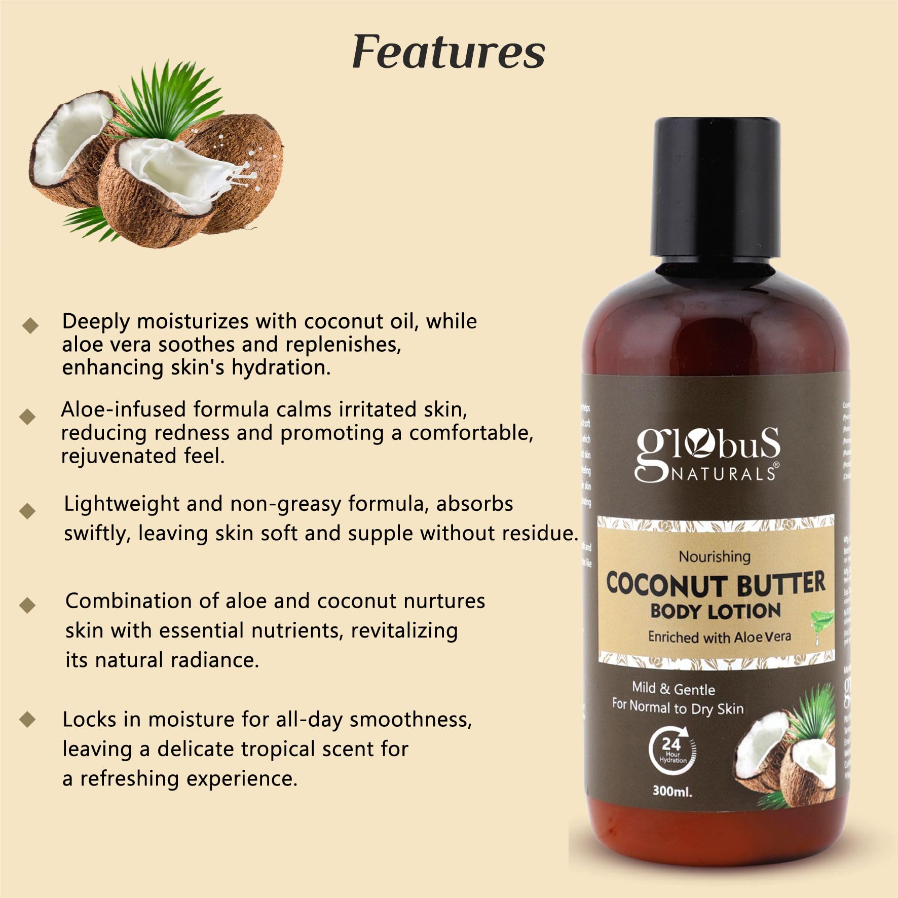 Globus Naturals Nourishing Coconut Butter Body Lotion 300ml - Ultra Hydrating Moisturizer for Dry Skin | Perfect for Daily Use & After Shower Care
