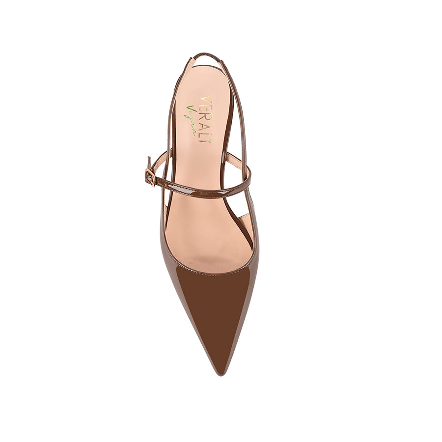 Luce Slingback Kitten Heels Women's Shoes - Cocoa Brown Patent Leather Low Heel Pumps for Work, Office & Special Occasions